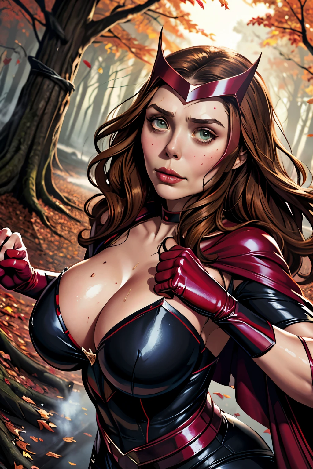 ((highest quality)), ((masterpiece)), (be familiar with), ((Elizabeth Olsen)), ((SCARLET WITCH)), perfect face、Precise、(Accurate hand and finger depiction)、scarlet witch woman、long hair、black nail polish、(fist punch towards the camera:1.1)、(sweating)、(plump body)、big breasts、cleavage、constricted waist、big ass、Glamorous、glamorous、 cinematic, (Complex:1.4), low contrast、side lighting, best shadow, (In the deep dark autumn forest)、Dense trees々surrounded by、(The ground is covered with fallen autumn leaves and spooky tree roots..4)、(steam:1.3)、