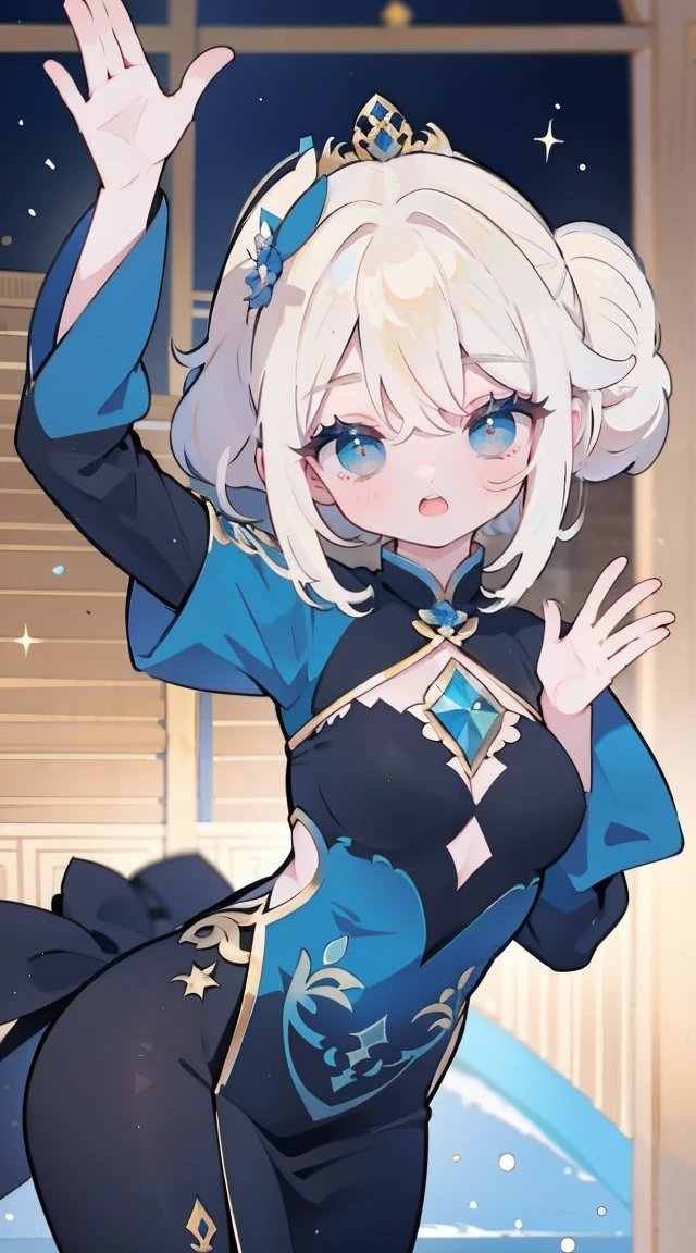mulher adulta, longue blonde hair, the eyes are blue, orelhas e cauda de raposa, black chinese dress, sorria, batom azul, obra de arte, alta qualidade