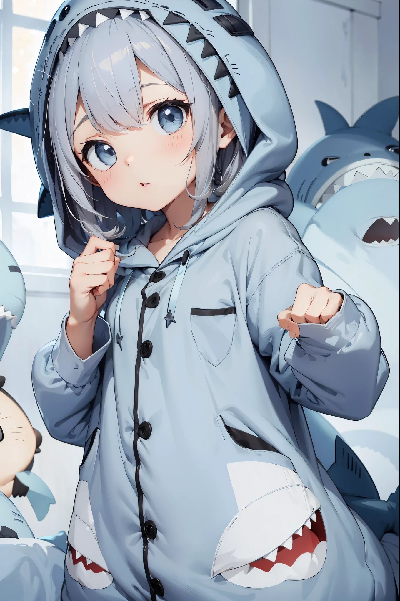 a bit, Nendoroid, ((worst quality, low quality)), ((close), profile,1.5 Left Facing), ( girl), gray hair, (Fluffy shark costume pajamas:1.4), (open income:1.2), (Pale light blue pajamas:1.4), Animal Hoodie, (hooded:1.Under the hoodie, oversized hoodie, five fingers, perfect hands, aquarium background, highest quality,Super detailed, masterpiece,