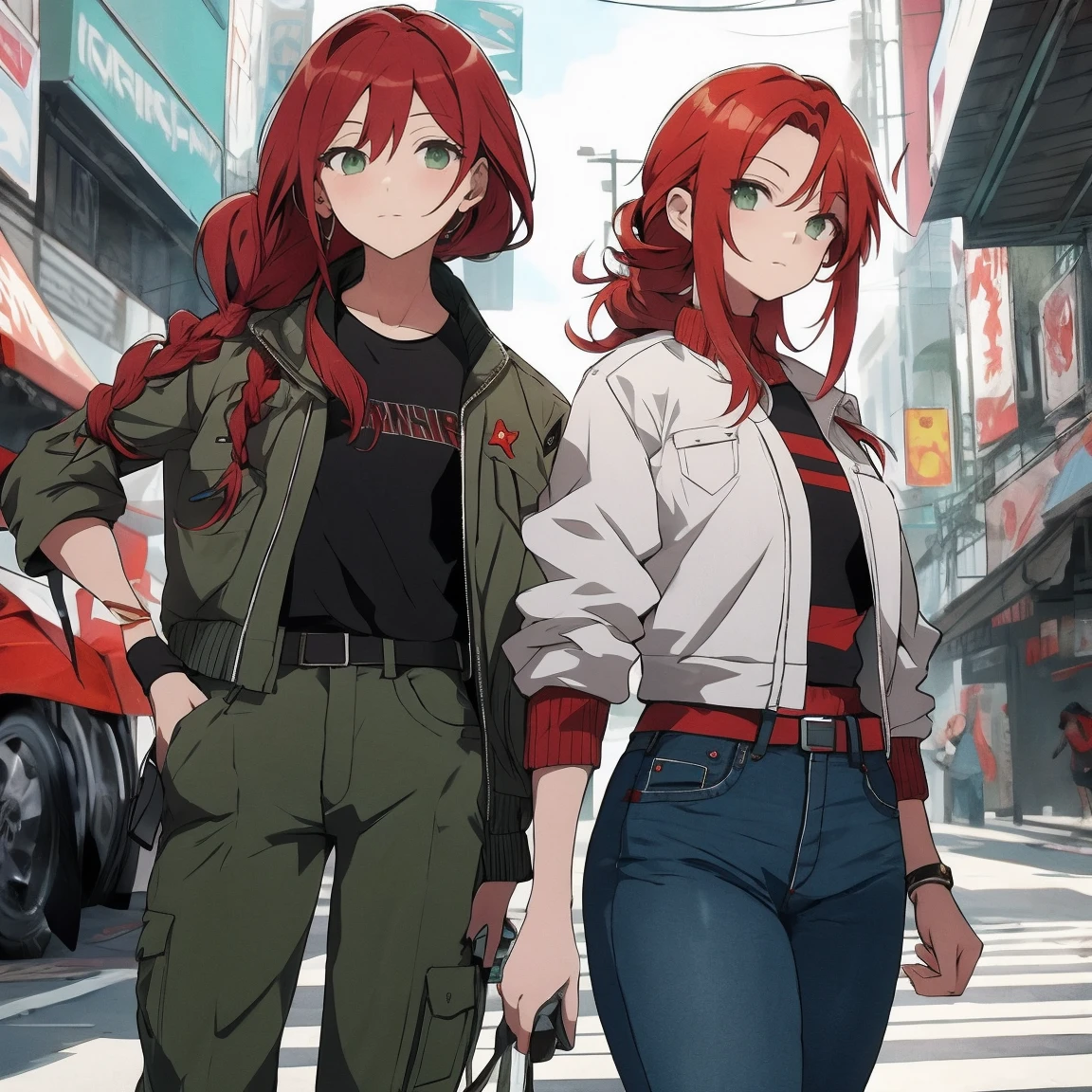 tiro de corpo inteiro, Asian woman Irina Shidou red hair with braids green eyes, em uma cidade cyberpunk, vestindo uma jaqueta bomber e um top curto e shorts jeans, ao lado de um Nissan GT-R, Tiro frontal, obra de arte, altamente detalhado