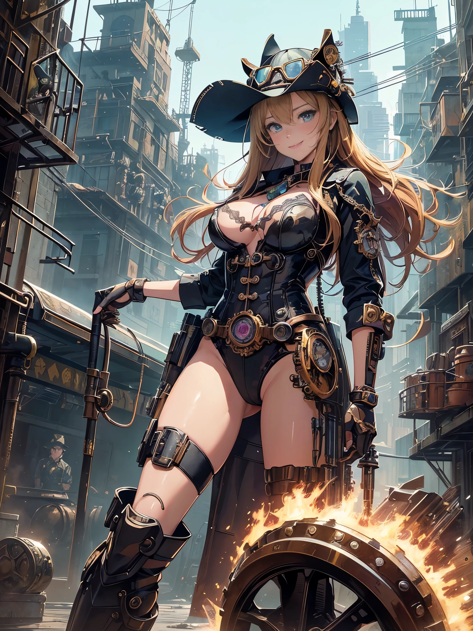 (comic book style),(line drawing_anime),(cowboy shot, highest quality, ),(Laura Budd Photos:1.2),(Laura Add Details:1.0),8K, flat color:0.8,1 girl,smile、(Highly decorative and complex mechanical steampunk fashion, lace flare dolphin hat、goggles 1.5、machinery background、Gear background、Intricately mechanized steampunk cityscape 1.5),