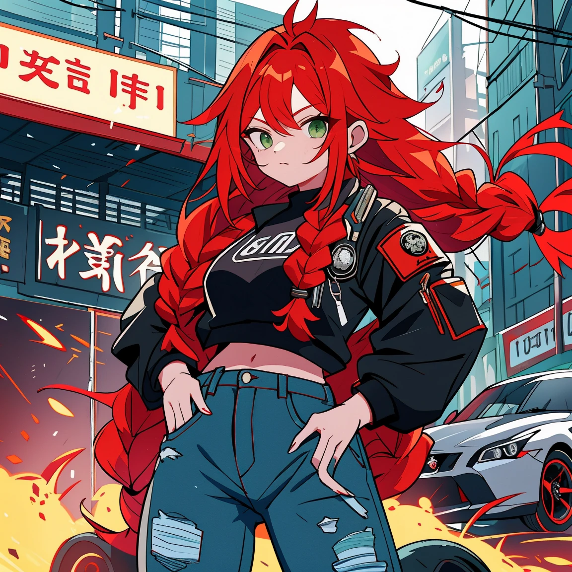 tiro de corpo inteiro, Asian woman Irina Shidou red hair with braids green eyes, em uma cidade cyberpunk, vestindo uma jaqueta bomber e um top curto e shorts jeans, ao lado de um Nissan GT-R, Tiro frontal, obra de arte, altamente detalhado