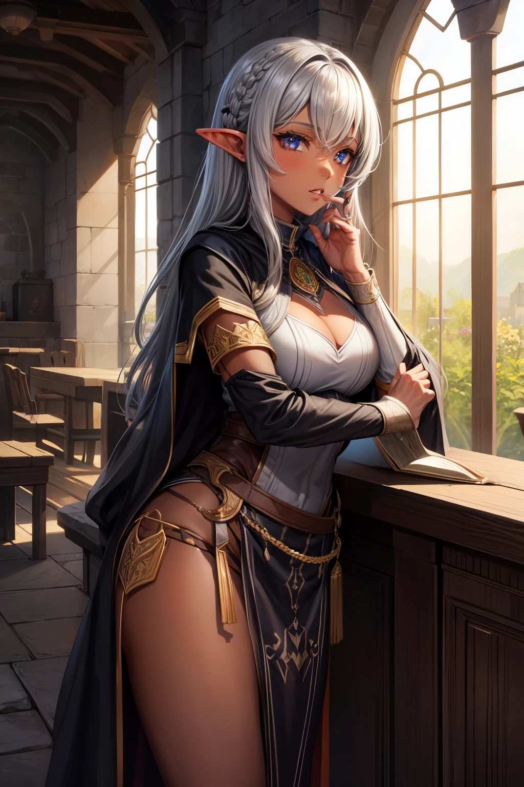 female,　dark elf　,dark brown skin　,Gray hair,　Medieval castle hall