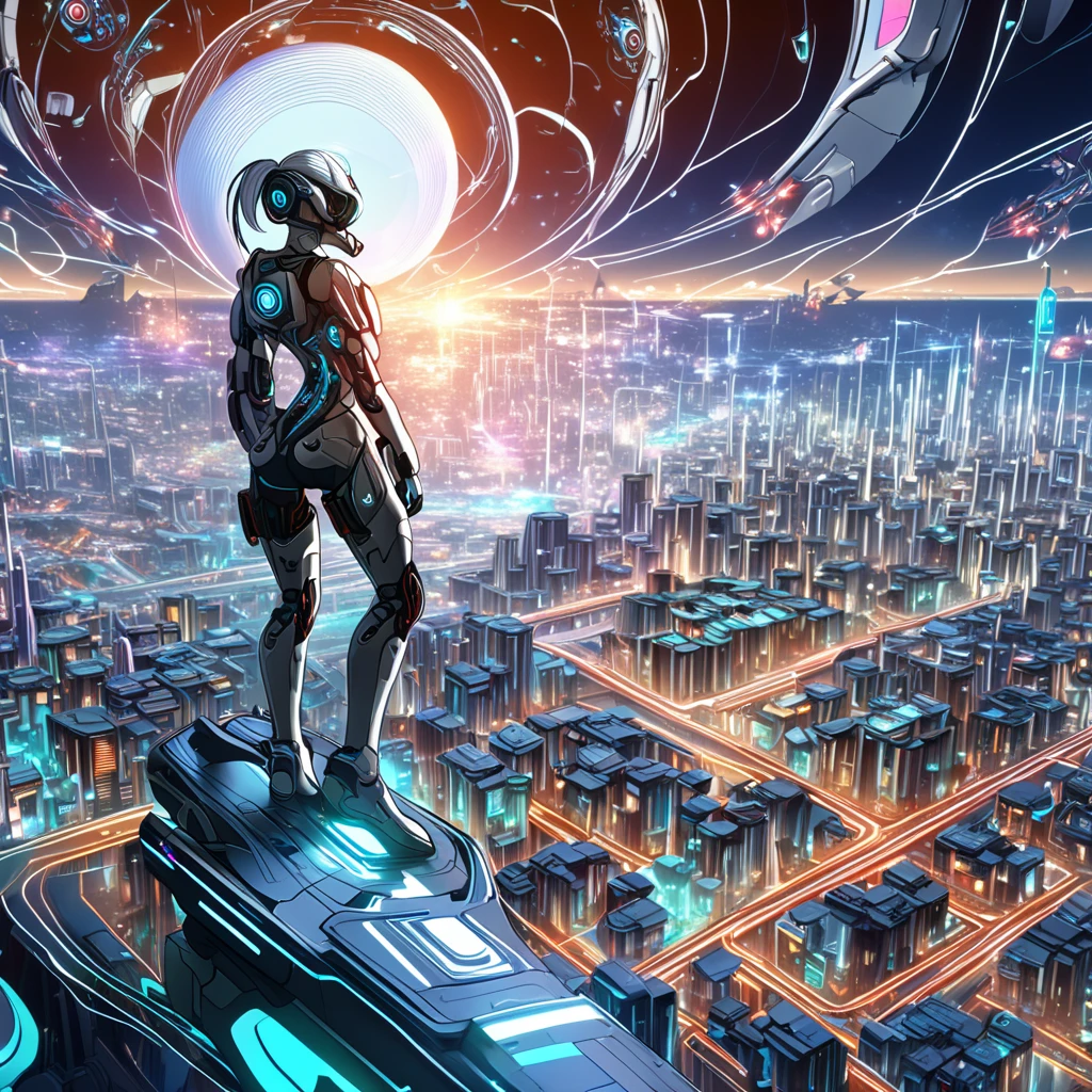 (highest quality、masterpiece、High resolution、detailed)、{(very beautiful girl:1.5),(Cyberpunk attire:1.5)}、web,Sdxl,robot、、(Virtual space:1.3),、artificial intelligence（AI）、(Japan in a new era:1.4)、(drone),VR,AR,clone,biotechnology,
(Smart)・(Flying Car:1.2),((Symbiosis between humans and machines)),（cyborg）, colorful、blue eyes、silver hair、detailed顔、detailed体、(beautiful anime)、非常にdetailed自然風景、 8k resolution  、dynamic angle、anime style