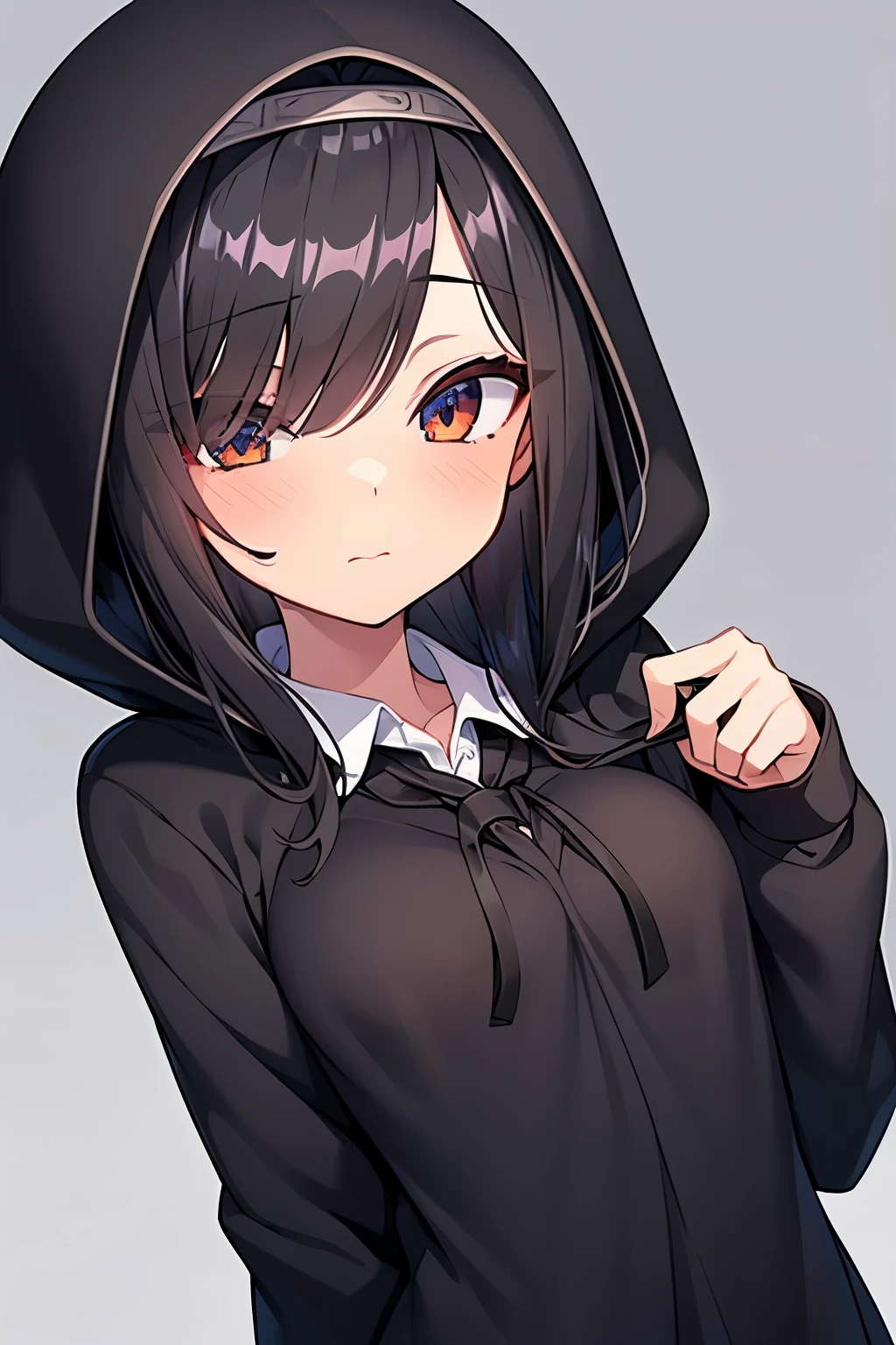 1 girl, black hair, (Wear a black hood) (school uniform) formal,Ghost hair, hair above one eye, long hair, (one eye covered)flat chest