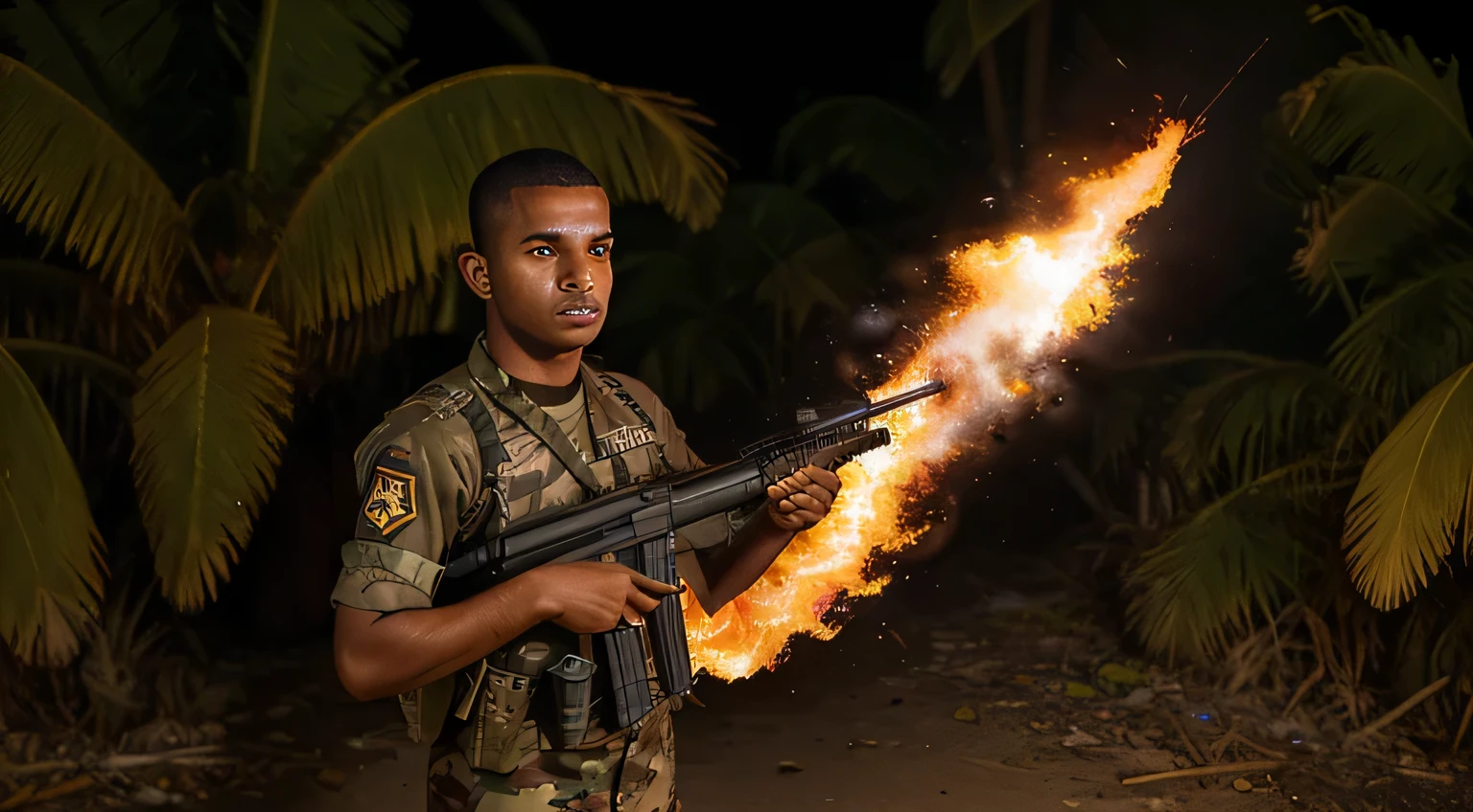 Soldado Dominicano apuntando con un arma de fuego.