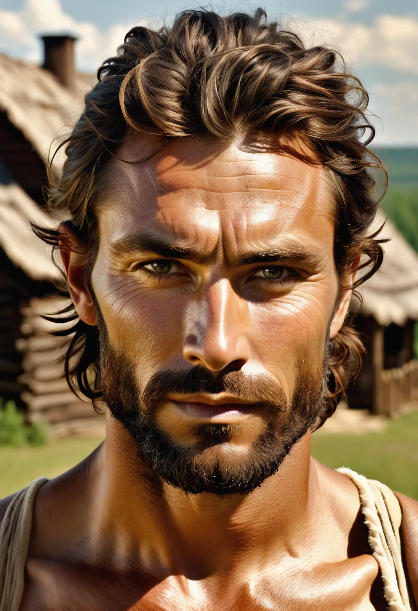 (highly detailed, soft light, detailed face, detailed skin, detailed eyes, photorealistic, dynamic light; cinematic); 1820s Canada; 35 years old man; German-Native American; 1820s fur hunter; leadership figure; strikingly handsome; confident and intensely alluring; wild man aesthetic; defined cheekbones; defined strong jawline; longer chin; handsome face; strapping; tough but romantically interested expression; masculine face with several scars; charismatic; grizzled; sensual; strong aristocratic nose; manly passionate air; very attractive; burly broad stature; broad strong shoulders; ruddy weathered skin; long stubble beard; natural light-blue eyes; thick strong chestnut-brown eyebrows; carefully-shaped 1820s sideburns; 1820's farming clothes; tousled chestnut-brown hair in 1820's hairstyle; full firm masculine lips; standing in 1820's Red River Settlement with houses in background; sunshine shining in hair; looking at camera