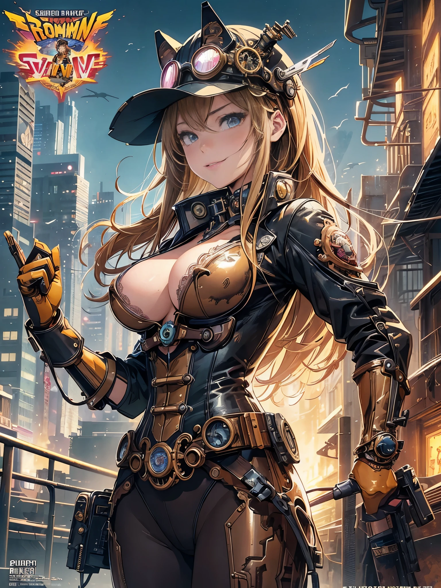 (comic book style),(line drawing_anime),(cowboy shot, highest quality, ),(Laura Budd Photos:1.2),(Laura Add Details:1.0),8K, flat color:0.8,1 girl,smile、(Highly decorative and complex mechanical steampunk fashion, lace flare dolphin hat、goggles 1.5、machinery background、Gear background、Intricately mechanized steampunk cityscape 1.5),