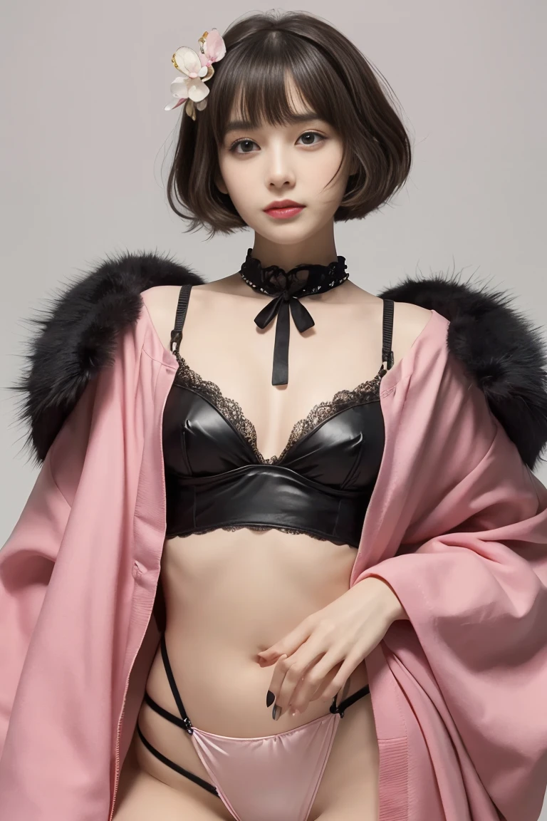 (((masterpiece, highest quality, Super detailed))), (1 female), ((full body shot,shot from above)),(((very thin body))) , (((length, thin legs))), (((Shiny black short perm hair, thick and fluffy bangs))), (((highly detailed face))), cosmetics free, Small, thin nose, small thin mouth, (((Very sharp focused eyes))), Japanese, beautiful face, (lifelike face), beautiful hairstyle, realistic eyes, fine and beautiful eyes, (real looking skin), beautiful skin, charm, ultra High resolution, surreal, high detail, golden ratio, full body shot,(detail makeup:1.2), Photo shoot that recreates Tim Burton'How the world sees it、The mysterious pink kimono is also a highlight...。Victorian pink kimono、Design with gothic elements.。Accessories include leather items and studs...、chain is important。High resolution、Capture every detail clearly、,、Use a bright and vibrant color palette。As background:、作品に登場する神秘的で幻想的なcherry blossoms並木や幻想的な場所を厳選..枝垂れcherry blossoms、cherry blossoms,Image created in collaboration with Tim Burton'Distinctive dark shadows and strange details。.。Acrobatic Poses,shot from below