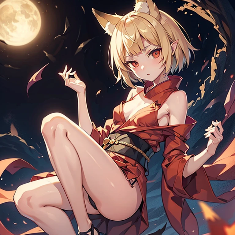  masterpiece, highest quality,kimono、bangs bangs、short hair、Loose chest、Slender、good style、beautiful girl、slender、fox ears、demon fox、small breasts、thin waist、sexy、Bewitching、beautiful legs、