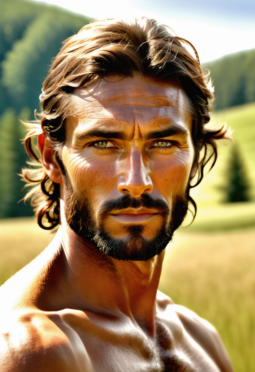 (highly detailed, soft light, detailed face, detailed skin, detailed eyes, photorealistic, dynamic light; cinematic); 1820s Canada; 35 years old man; German-Native American; 1820s fur hunter; leadership figure; strikingly handsome; confident and intensely alluring; wild man aesthetic; defined cheekbones; defined strong jawline; longer chin; handsome face; strapping; tough but romantically interested expression; masculine face with several scars; charismatic; grizzled; sensual; strong aristocratic nose; manly passionate air; very attractive; burly broad stature; broad strong shoulders; ruddy weathered skin; long stubble beard; natural light-blue eyes; thick strong chestnut-brown eyebrows; carefully-shaped 1820s sideburns; 1820's farming clothes; tousled chestnut-brown hair in 1820's hairstyle; full firm masculine lips; standing in 1820's Red River Settlement with houses in background; sunshine shining in hair; looking at camera