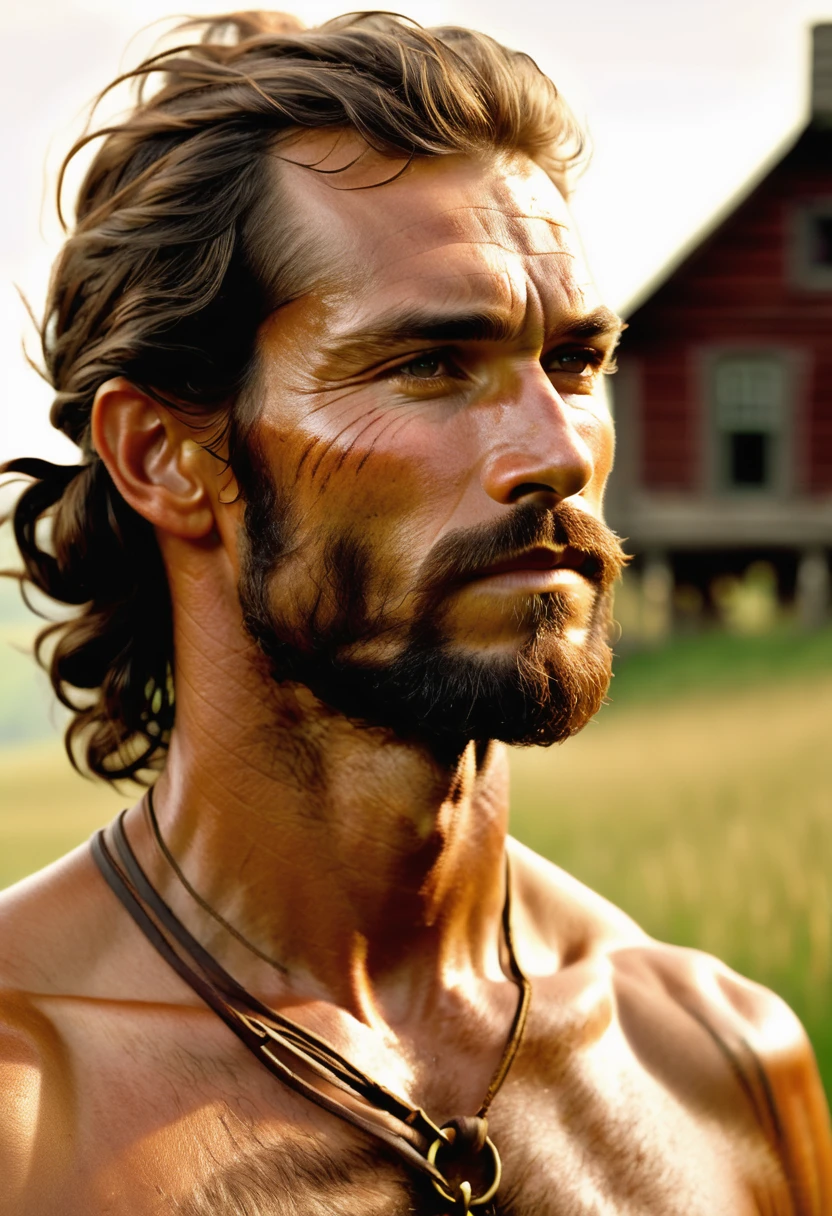 (highly detailed, soft light, detailed face, detailed skin, detailed eyes, photorealistic, dynamic light; cinematic); 1820s Canada; 35 years old man; German-Native American; 1820s fur hunter; leadership figure; strikingly handsome; confident and intensely alluring; wild man aesthetic; defined cheekbones; defined strong jawline; longer chin; handsome face; strapping; tough but romantically interested expression; masculine face with several scars; charismatic; grizzled; sensual; strong aristocratic nose; manly passionate air; very attractive; burly broad stature; broad strong shoulders; ruddy weathered skin; long stubble beard; natural light-blue eyes; thick strong chestnut-brown eyebrows; carefully-shaped 1820s sideburns; 1820's farming clothes; tousled chestnut-brown hair in 1820's hairstyle; full firm masculine lips; standing in 1820's Red River Settlement with houses in background; sunshine shining in hair; looking at camera