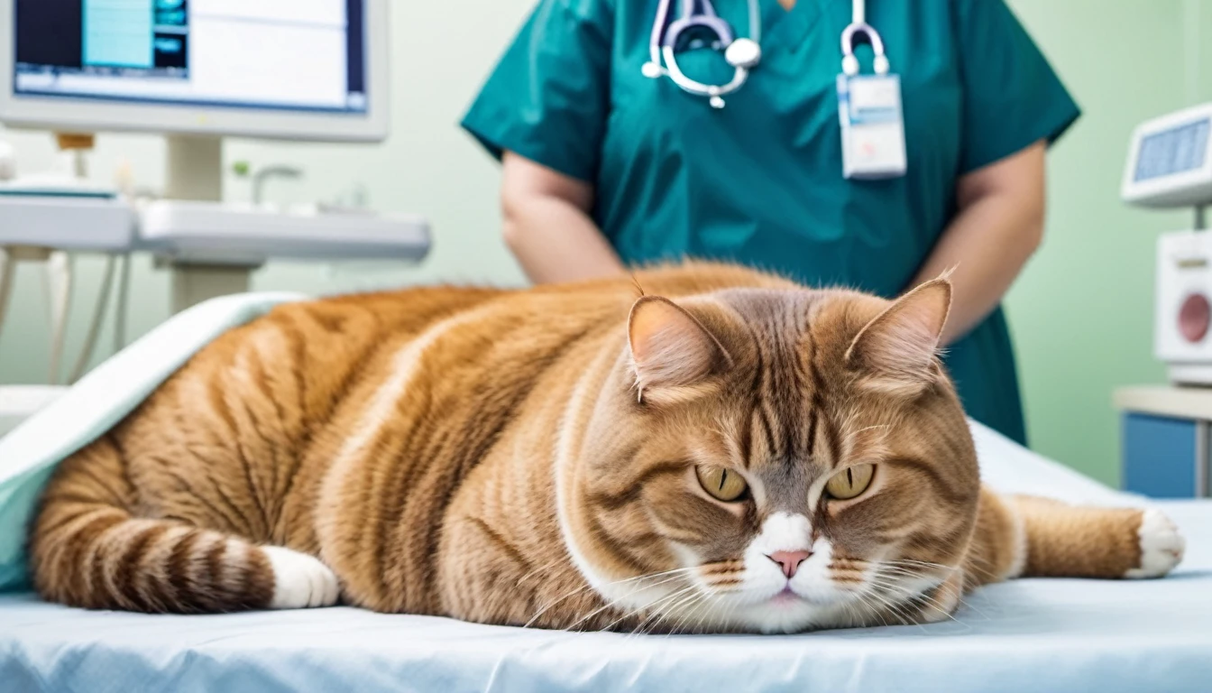 Cute fat cat, is pregnant laying on bed in the hospital. Doctors are standing around her. Friends visited her.