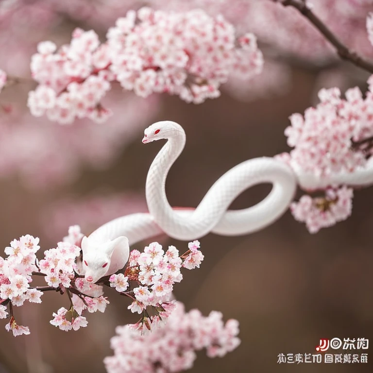 There is a white snake on a branch of a blooming cherry tree
