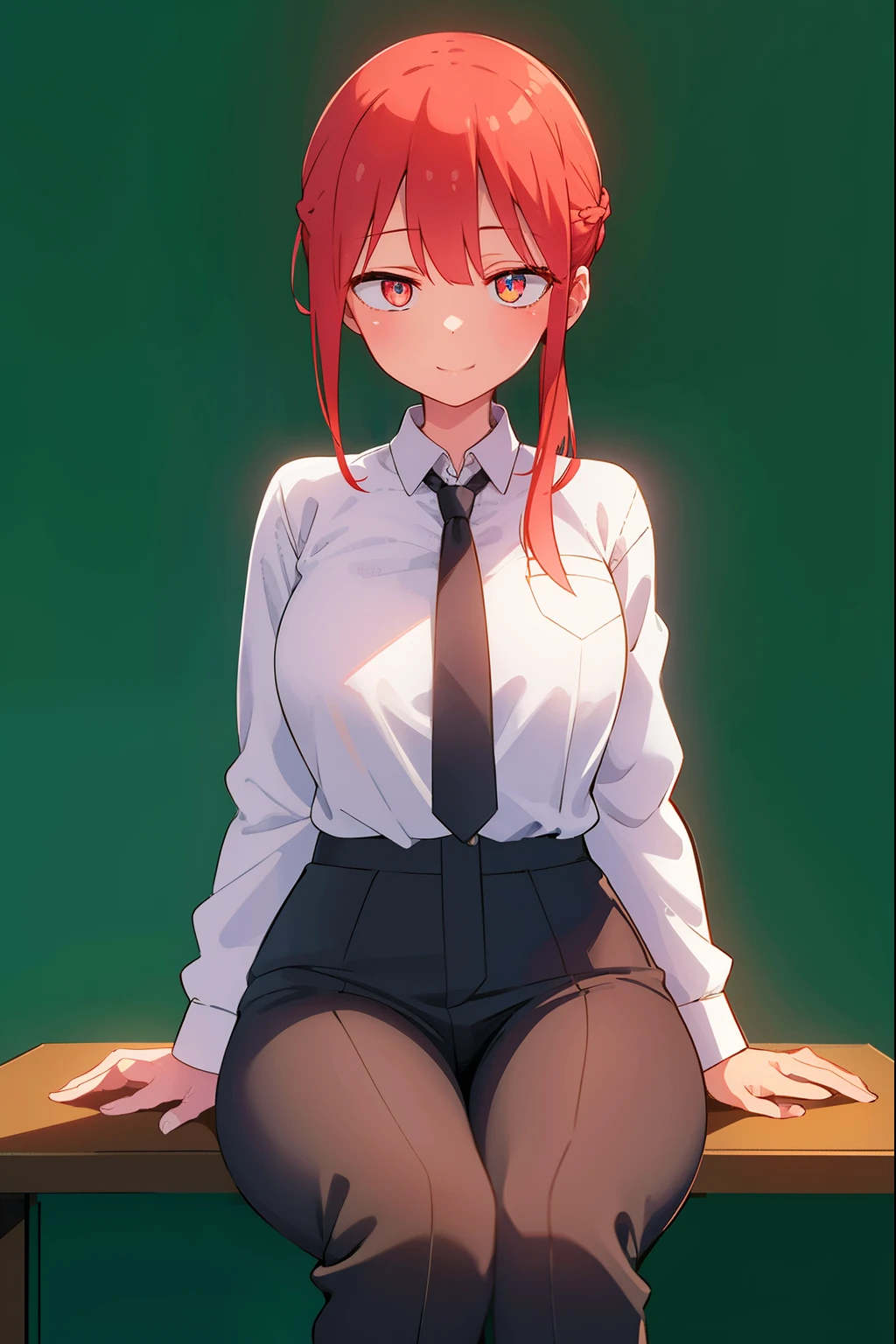 hand、hand、tall woman、long hair、smile、bangs、high school girl、big breasts、woman with very large breasts、(red eyes:1.2)、Braid、ponytail、redhead、break  shirt、long sleeve、Jacket、white shirt、tie、collared shirt、pants、黒いJacket、黒いpants、 formal、suit、黄色いtie、I put my shirt inside、class room lady、break indoors、classroom、break looking at viewer、break (masterpiece:1.2)、highest quality、High resolution、unity 8k wallpaper、(figure:0.8)、(detailed and beautiful eyes:1.6)、highly detailed face、perfect lighting、Very detailed CG、(完璧なhand、perfect anatomy)、sitting on a big black cock.