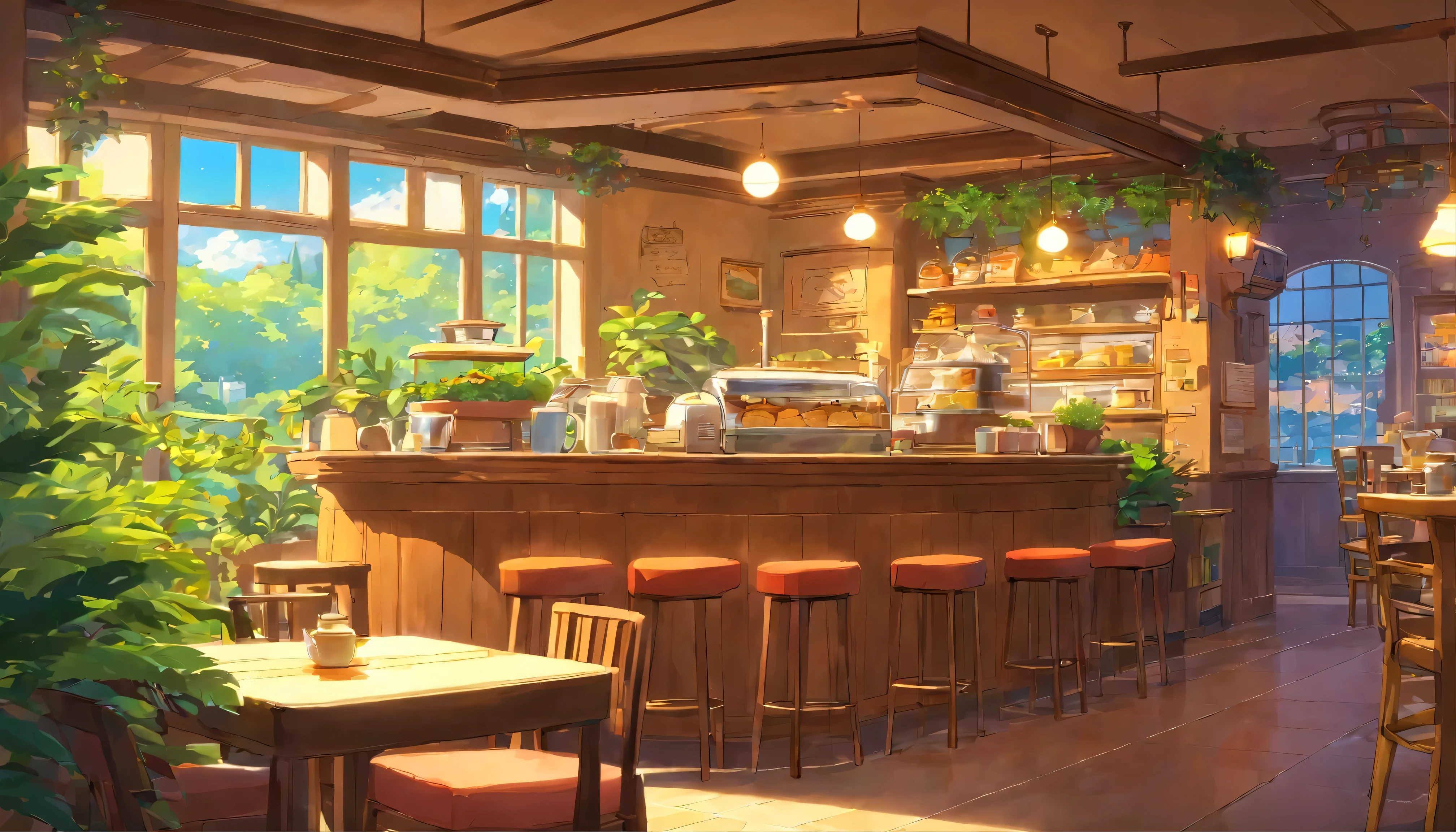 background、Calm café、retro、Lo-fi atmosphere、indirect lighting、Foliage plant、unmanned、coffee、toast、perfection、Pudding