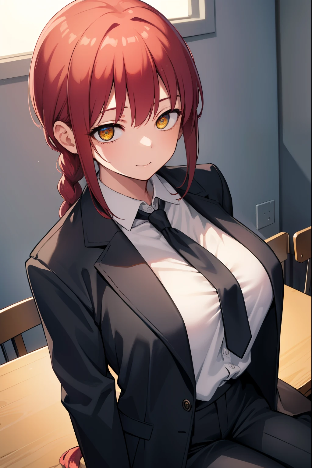 hand、hand、tall woman、long hair、smile、bangs、high school girl、big breasts、woman with very large breasts、(yellow eyes:1.2)、Braid、ponytail、redhead、ring-shaped eyes、break  shirt、long sleeve、Jacket、white shirt、tie、collared shirt、pants、黒いJacket、黒いpants、 formal、suit、黒いtie、I put my shirt inside、class room lady、break indoors、classroom、break looking at viewer、break (masterpiece:1.2)、highest quality、High resolution、unity 8k wallpaper、(figure:0.8)、(detailed and beautiful eyes:1.6)、highly detailed face、perfect lighting、Very detailed CG、(完璧なhand、perfect anatomy)、sitting on a big black cock.