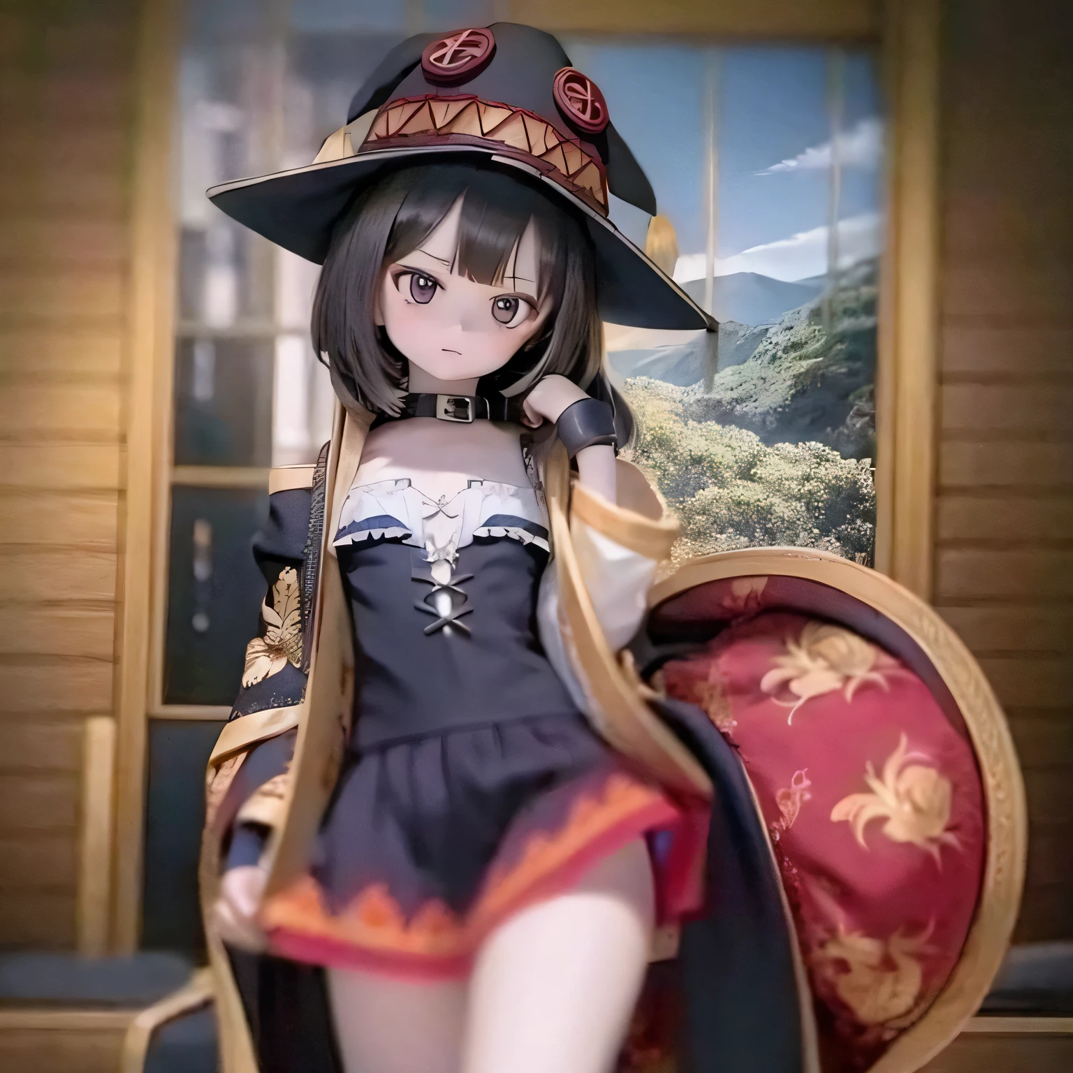 Chibi Contrapposto Big Hat Flat Chest Megumin Girl Photorealistic Miniskirt black panties