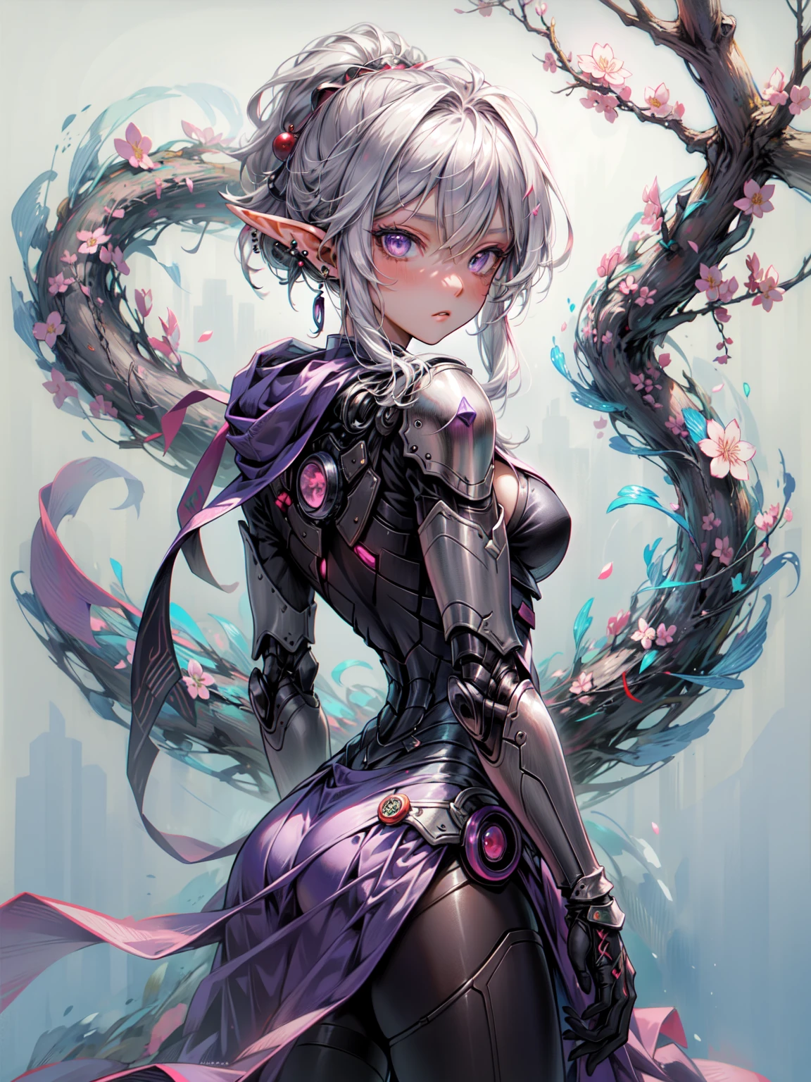 (masterpiece, highest quality, highest quality, official art, beautiful and aesthetic:1.2), ((dark elf)), ((1 girl)), very get used to it, (fractal art:1.3), colorful, 最もget used to itな, cowboy shot, from behind,  With style art by Artgerm, Written by Vadim Kashin, by Kawashi, By Yoshitaka Amano, break, Insanely fine face, get used to it, dull bangs, gray hair, (hair between eyes), eyelash, purple eyes, eye shadow, pink eye shadow, (black skin:1.1), break, corsage, jirai kei, (jirai kei fashion:1.1), frills, skirt, Variety of accessories, (ear piercing), punkish style, Japan subcultures, fashion, stockings, colorful, (cherry blossom background:1.2),cherry blossom background、Mechanical Armor、Organic Armor Cyborg、armor texture