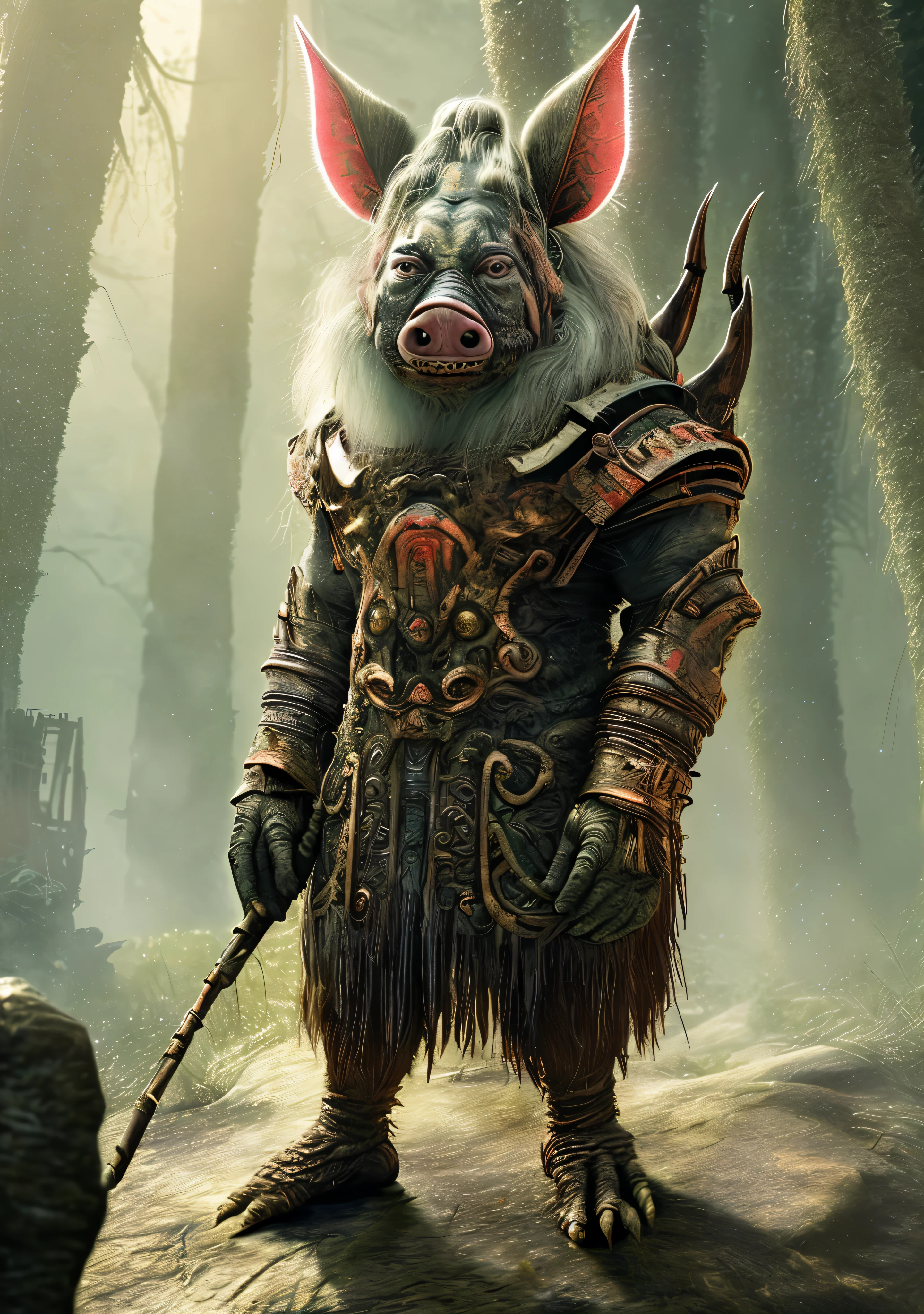 Photos of Zhu Bajie&#39;s alien hybrid warrior，huge body，Pig-faced aliens come from the unreal world，Standing on one leg on a large rock on the ground，fit，The body resembles a giant wild boar，hairy all over，（The face looks like Zhu Bajie），（A pair of long fangs protruded from its mouth），（Very detailed and perfect facial depiction），(He held a long cylindrical iron rod in his hand:1.2)，（Carefully optimized hand structure），（He has two long beards on his head.），Under the feet of alien warriors，People who fled in panic，Gray space，Very thick clouds，Clear moonlight，Surreal sci-fi scenes，from the bottom（Light and shadow effects），（Depth of field effect），（Tyndall），（light particle tracing），（CG），（Horror movie lighting effects），（Volumetric lighting），（Unreal 5），（Cinema 4d），（Bright colors）,（Obvious levels）,（Photography Award）,（8k wallpaper）,（masterpiece）,（best quality）, One picture，lifelike，realistically