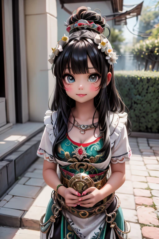 a cute mexican horned serpent goddess, mexican ethnic, mexican prehispanic clothing, aztec ceremonial dress