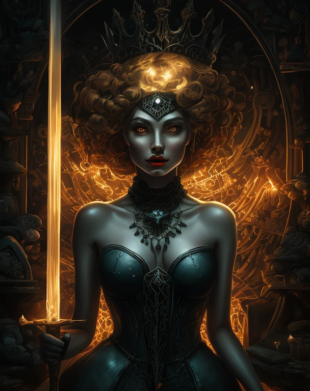 create a scene that depicts a modern-day witch who has embraced the world of cybernetics to enhance her magical abilities. The artwork should convey the enchanting blend of traditional witchcraft and futuristic technology. Here are some specific elements to include: The Witch's Lair: The setting should be a cozy yet slightly eerie room, filled with magical books, crystal balls, potion ingredients, and antique furnishings. The room should be dimly lit by candles and a soft, mystical glow emanating from her cybernetic enhancements. The Cyborg Witch: The central focus of the artwork is the witch herself. She's a striking figure with a mix of traditional witch attire and cybernetic enhancements. Her clothing should have a witchy, occult aesthetic, with flowing robes, a pointed hat, and an intricate pentagram necklace. Her arms, however, have been upgraded with cybernetic components that incorporate magical symbols and glowing runes. Magical Interface: The witch is in the midst of casting a spell, with a holographic, touch-screen interface floating before her. This interface includes spell incantations, arcane symbols, and digital components, demonstrating her fusion of magic and technology. Spell Ingredients: On a nearby table, there should be a collection of spell ingredients, like herbs, potions, and magical artifacts. Some of these items may have been modified with cybernetic enhancements, blurring the line between the natural and the technological. Familiar: The witch's familiar, perhaps a cat or raven, should be present in the scene, serving as her magical companion. The familiar could also have subtle cybernetic enhancements or glowing eyes. Glowing Runes: The room should be adorned with ancient symbols and glowing runes on the walls and floor, contributing to the magical atmosphere. Aetherial Lighting: Use a combination of mystical, ethereal lighting and cybernetic glows to create a captivating interplay of light and shadow. The contrast between the tradit
