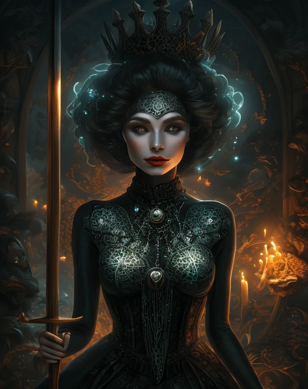 create a scene that depicts a modern-day witch who has embraced the world of cybernetics to enhance her magical abilities. The artwork should convey the enchanting blend of traditional witchcraft and futuristic technology. Here are some specific elements to include: The Witch's Lair: The setting should be a cozy yet slightly eerie room, filled with magical books, crystal balls, potion ingredients, and antique furnishings. The room should be dimly lit by candles and a soft, mystical glow emanating from her cybernetic enhancements. The Cyborg Witch: The central focus of the artwork is the witch herself. She's a striking figure with a mix of traditional witch attire and cybernetic enhancements. Her clothing should have a witchy, occult aesthetic, with flowing robes, a pointed hat, and an intricate pentagram necklace. Her arms, however, have been upgraded with cybernetic components that incorporate magical symbols and glowing runes. Magical Interface: The witch is in the midst of casting a spell, with a holographic, touch-screen interface floating before her. This interface includes spell incantations, arcane symbols, and digital components, demonstrating her fusion of magic and technology. Spell Ingredients: On a nearby table, there should be a collection of spell ingredients, like herbs, potions, and magical artifacts. Some of these items may have been modified with cybernetic enhancements, blurring the line between the natural and the technological. Familiar: The witch's familiar, perhaps a cat or raven, should be present in the scene, serving as her magical companion. The familiar could also have subtle cybernetic enhancements or glowing eyes. Glowing Runes: The room should be adorned with ancient symbols and glowing runes on the walls and floor, contributing to the magical atmosphere. Aetherial Lighting: Use a combination of mystical, ethereal lighting and cybernetic glows to create a captivating interplay of light and shadow. The contrast between the tradit