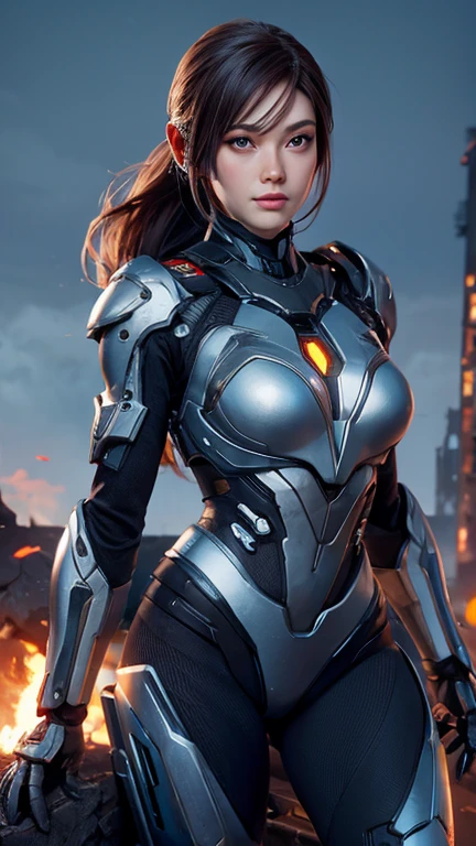 medium closeup shot of beautiful cyborg girl metal armor suit standing on top of a pile of rubble, karol bak uhd, cyborg - girl, beautiful girl cyborg, beautiful cyborg girl pinup, cute cyborg girl, hyperrealistic fantasy art, beautiful white girl cyborg, broken beautiful female android, sci-fi fantasy art, detailed sci-fi art, Atmosphere ruins of the building behind oil painting background