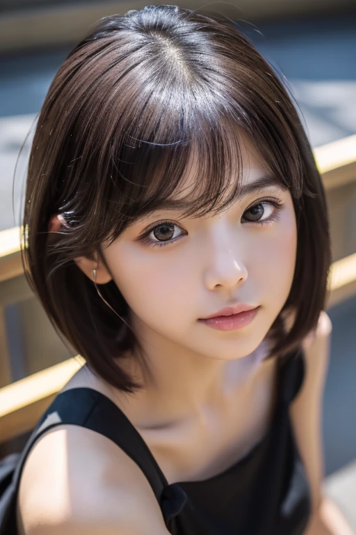 master piece,highest quality,official art,Highly detailed CG Unity 8K wallpaper,Japan Female Students,18 year old girl,very delicate and beautiful,超A high resolution,(Realistic:1.4),golden hour lighting,(platinum short hair:0.8),(puffy eyes),tear bag、looking at the viewer,facing the front,smile,(black sexy dress:1.3),beautiful woman、Beautiful and sexy body shape、(european castle:1.5), Close-up, master piece, best quality, RAW photography, Realistic, (Japanese idol-like cute face:1.2), incredibly absurd solution, Buatigal, Depth of the bounds written, High resolution, super detailed, small details, very detailed, highly detailed eyes and face, sharp pupils, Realisticな生徒, fix a sharp focus, cinematic lighting、((pout))、sexy pose、gravure pose、From above、off shoulder、Pinch the hem with your hands and pull it up、wrinkles between the eyebrows