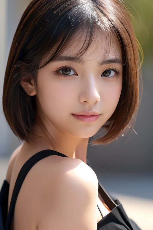 master piece，highest quality，official art，Highly detailed CG Unity 8K wallpaper，Japan Female Students，18 year old girl，very delicate and beautiful，超A high resolution，（Realistic：1.4），golden hour lighting，(platinum short hair：0.8），（puffy eyes），tear bag、looking at the viewer，facing the front，smile，(black sexy dress:1.3)，beautiful woman、Beautiful and sexy body shape、（european castle:1.5）， Close-up， master piece， best quality， RAW photography， Realistic， (Japanese idol-like cute face:1.2)， incredibly absurd solution， Buatigal， Depth of the bounds written， High resolution， super detailed， small details， very detailed， highly detailed eyes and face， sharp pupils， Realisticな生徒， fix a sharp focus， cinematic lighting、((pout))、sexy pose、gravure pose、From above、off shoulder、Pinch the hem with your hands and pull it up、wrinkles between the eyebrows