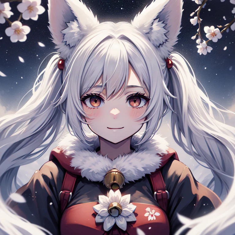 1 girl, , long hair, low twin tails, fuzzy twin tails, white hair, fox ears, animal ear fluff, Fox Eyes, cherry blossoms, spring,night, portrait, shrine，Red and white collar，Has a big bell，cherry blossoms吹雪，Fluffy，fox tail，smile，Raw photo，highest quality, ultra high resolution, fantastic starry sky、Miko costume