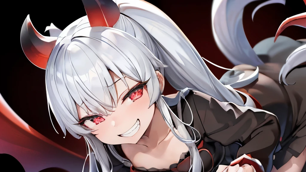 (grim aloe), devil&#39;s horns, devil&#39;s wings, devil&#39;s tail, black dress, dynamic pose, grin and laugh, chest, contrasting, put your hand on your waist, (masterpiece), (highest quality), (Super detailed), (figure), (very delicate and beautiful), game CG, beautiful eyes, heart shaped eyes, dynamic angle, intense angle,