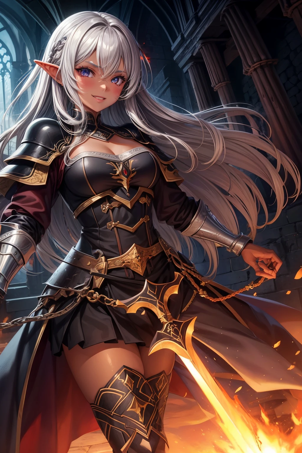 1girl, ((high quality)),((masterpiece)), dark elf ,dark brown skin ,Gray hair, Medieval castle hall , sword, blood, smile, 🔥 ,fire