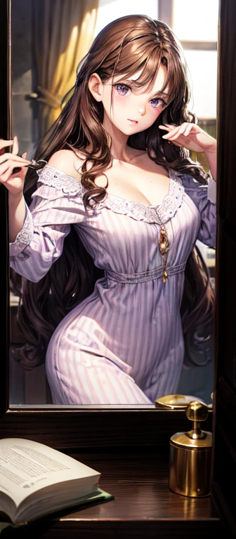 Woman, medieval bedroom, Curly chocolate long brown hair, lilac eyes, wears a cream dress pajama and has her hand resting on the mirror, she has a surprised expression.  realistic style.