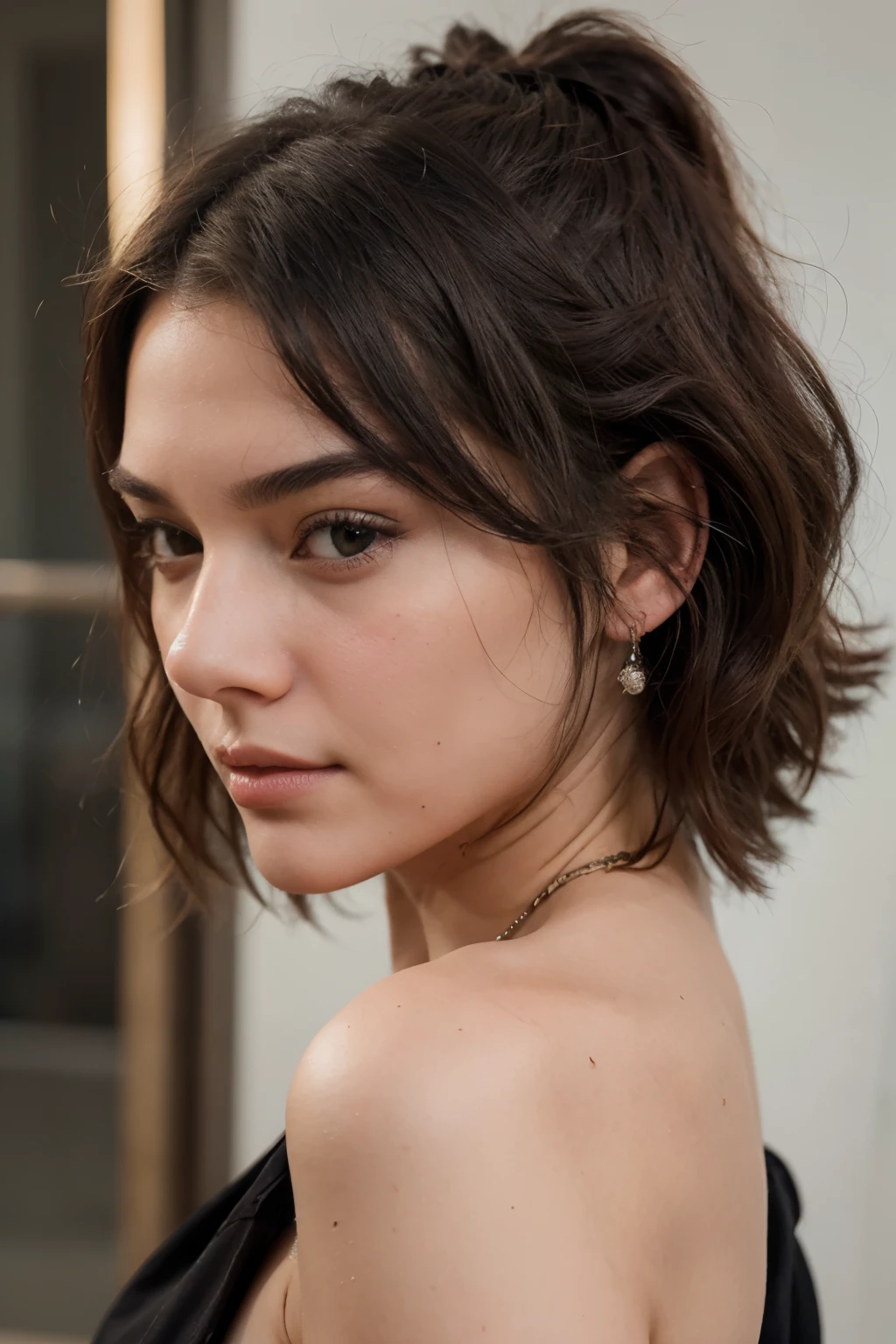 <lora:l1lyc0:1>, Realistic photo of a beautiful l1lyc0 woman, 1girl, solo, breasts, looking at viewer, short hair, brown hair, dress, cleavage, bare shoulders, brown eyes, upper body, small breasts, parted lips, teeth, blurry, lips, tattoo, realistic, soft lighting, professional Photography, Photorealistic, detailed, RAW, analog, sharp focus, 8k, HD, DSLR, high quality, Fujifilm XT3, film grain, award winning, masterpiece