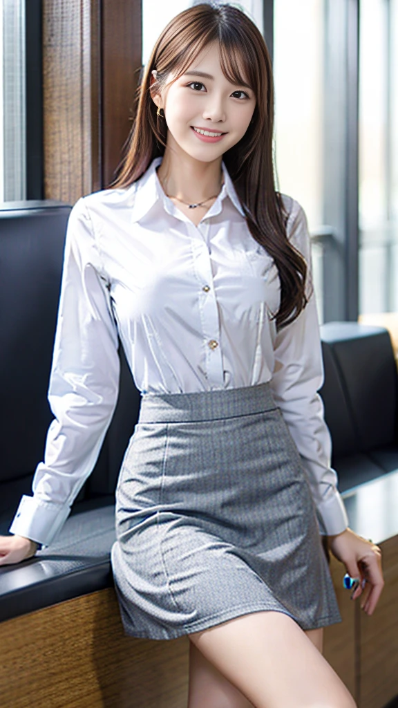 Japanese beauty、Business service, gray skirt, business clothes,  Work clothes, Work clothes, catalog photo, from me, Detailed image, business clothes装, Portrait Center, grey, white shirt and gray skirt, wearing a business casual dress、Her white panties are visible from under her skirt、laughing、sitting、slim japanese woman、thin shirt
