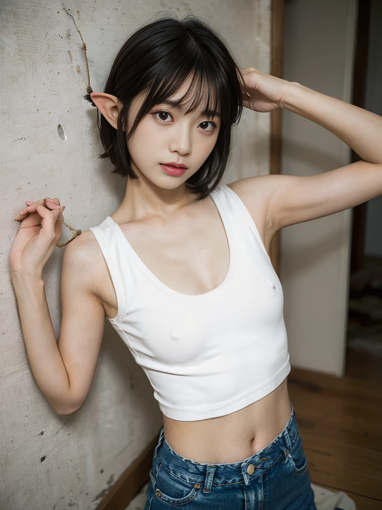 (top quality), actual, (real picture, intricate details), (natural skin texture, Delicate skin, Surrealism, clarity), (mad, , chaili:1.5), ((Japanese female college student tied with rope in abandoned apartment building, hands tied behind head:1.3, Tie the chest with a rope:1.3, Rope tied under the chest, The rope ties the upper body)), ((Tight white vest, distressed jeans)), (((small breasts:1.4))), White skin, shiny skin, ((messy short hair, Elf hairstyle)), (seductive face, open lips, head tilt), Armpit exposure, Navel exposed, dusty room, cracked wall, Messy floor, Rubble piles:1.3, spotlight:1.3, full-body shot