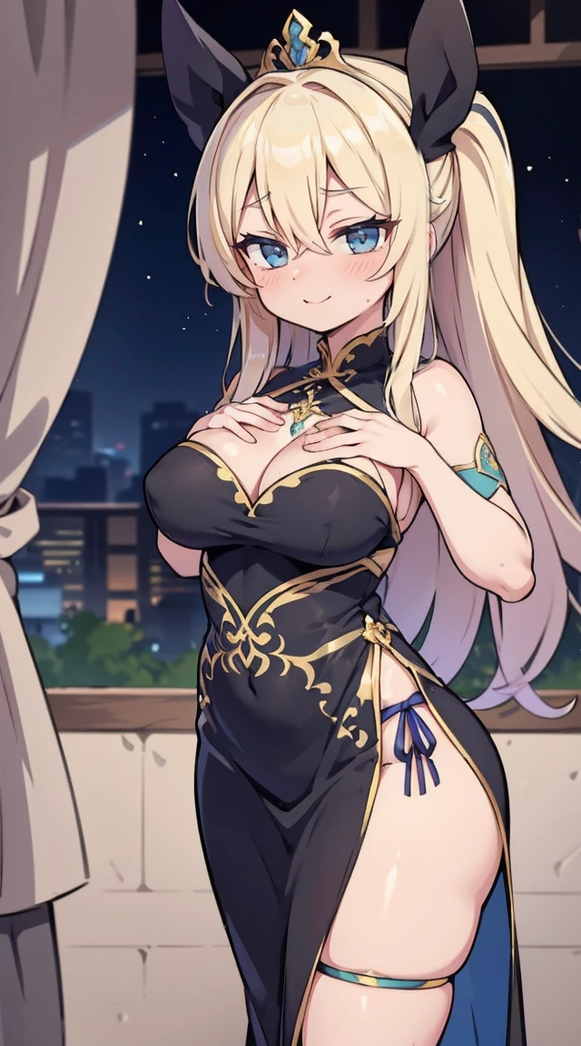 mulher adulta, longue blonde hair, the eyes are blue, orelhas e cauda de raposa, black chinese dress, sorria, batom azul, obra de arte, alta qualidade