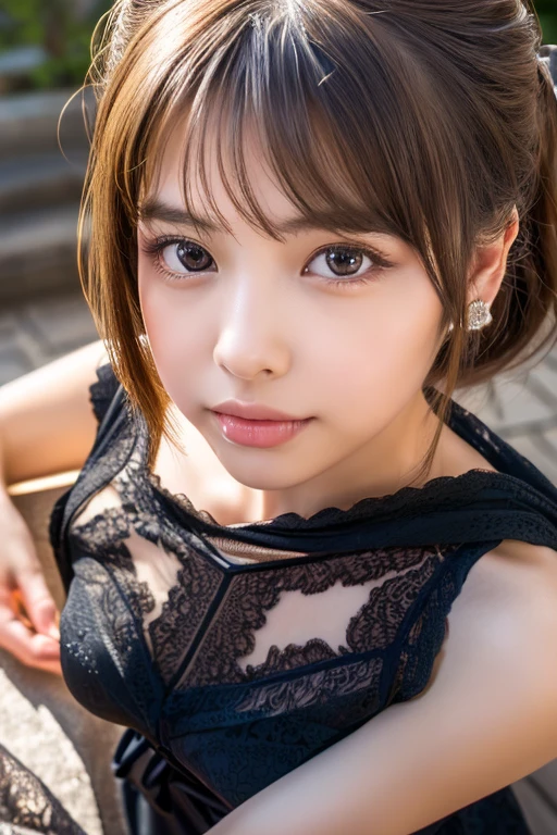 master piece，highest quality，official art，Highly detailed CG Unity 8K wallpaper，Japan Female Students，18 year old girl，very delicate and beautiful，超A high resolution，（Realistic：1.4），golden hour lighting，(platinum short hair：0.8），（puffy eyes），tear bag、looking at the viewer，facing the front，smile，(A sexy dress with plenty of black lace:1.3)，beautiful woman、Beautiful and sexy body shape、（european castle:1.5）， Close-up， master piece， best quality， RAW photography， Realistic， (Japanese idol-like cute face:1.2)， incredibly absurd solution， Buatigal， Depth of the bounds written， High resolution， super detailed， small details， very detailed， highly detailed eyes and face， sharp pupils， Realisticな生徒， fix a sharp focus， cinematic lighting、((pout))、sexy pose、gravure pose、From above、off shoulder、Pinch the hem with your hands and pull it up、wrinkles between the eyebrows