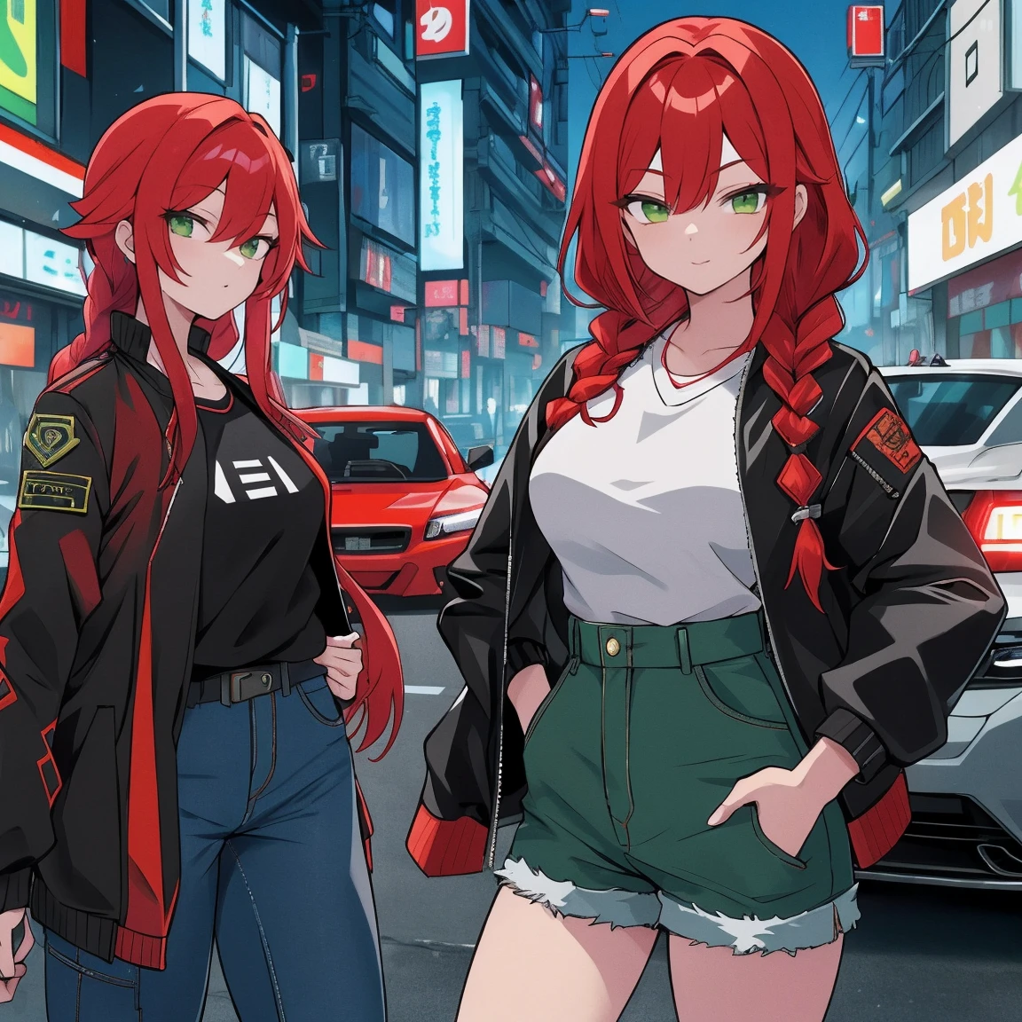 tiro de corpo inteiro, Asian woman Irina Shidou red hair with braids green eyes, em uma cidade cyberpunk, vestindo uma jaqueta bomber e um top curto e shorts jeans, ao lado de um Nissan GT-R, Tiro frontal, obra de arte, altamente detalhado