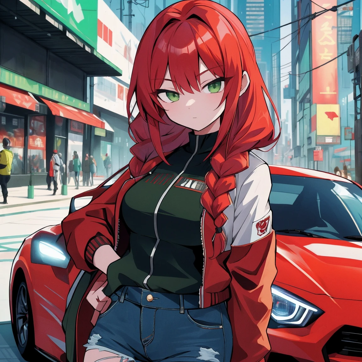 tiro de corpo inteiro, Asian woman Irina Shidou red hair with braids green eyes, em uma cidade cyberpunk, vestindo uma jaqueta bomber e um top curto e shorts jeans, ao lado de um Nissan GT-R, Tiro frontal, obra de arte, altamente detalhado