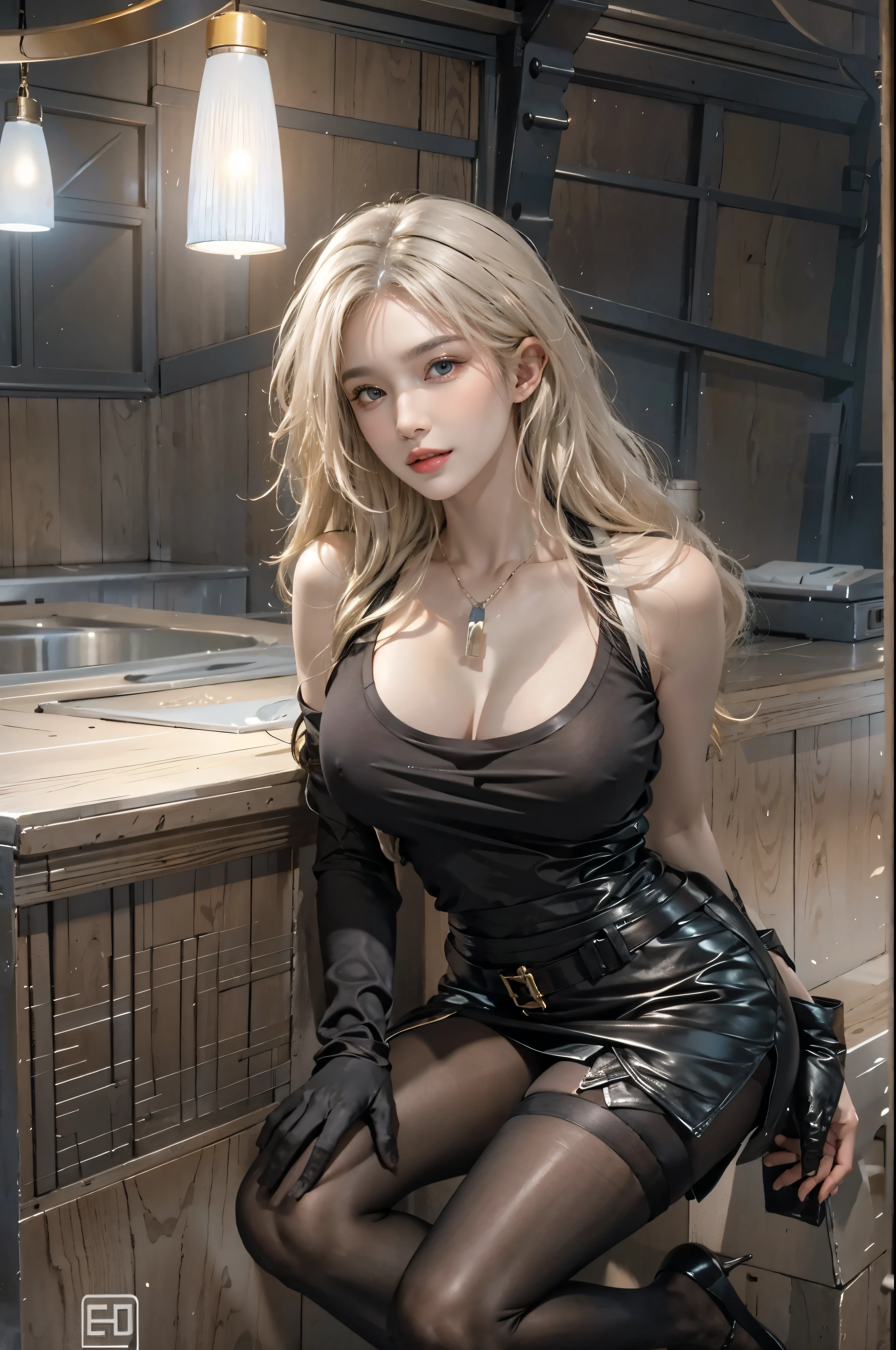 realistic, High resolution, soft light,1 female, alone, hip up, glowing skin, (detailed face),tattoo, jewelry, Strange Uniforms, black stockings, garter belt, night, blonde hair, wavy hair, beautiful soldier, Eyes that invite the viewer, spouse'point of view, attractive appearance, sexy smile, perfect style, perfect balance, fine skin, naughty look, I can see your breasts
