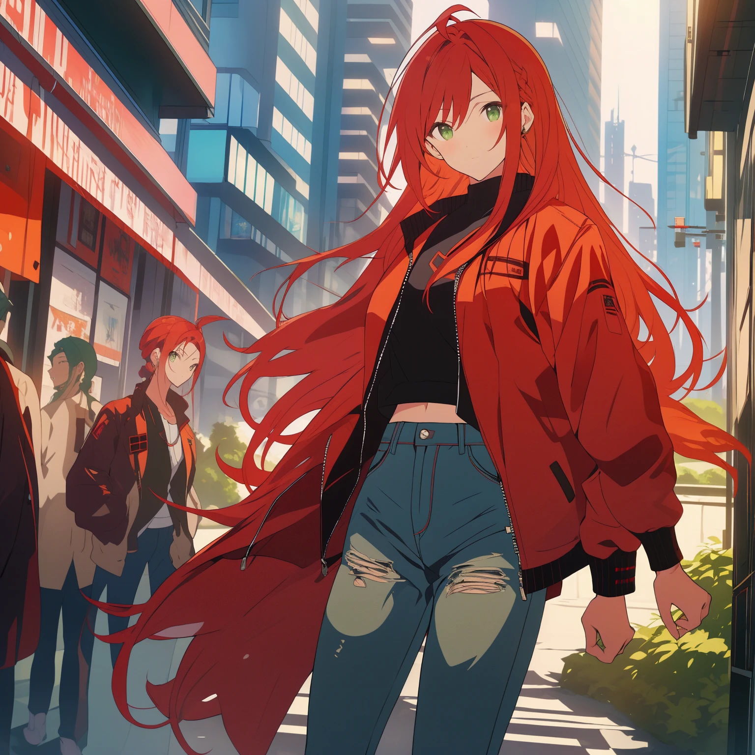 tiro de corpo inteiro, Asian woman Irina Shidou red hair with braids green eyes, em uma cidade cyberpunk, vestindo uma jaqueta bomber e um top curto e shorts jeans, ao lado de um Nissan GT-R, Tiro frontal, obra de arte, altamente detalhado