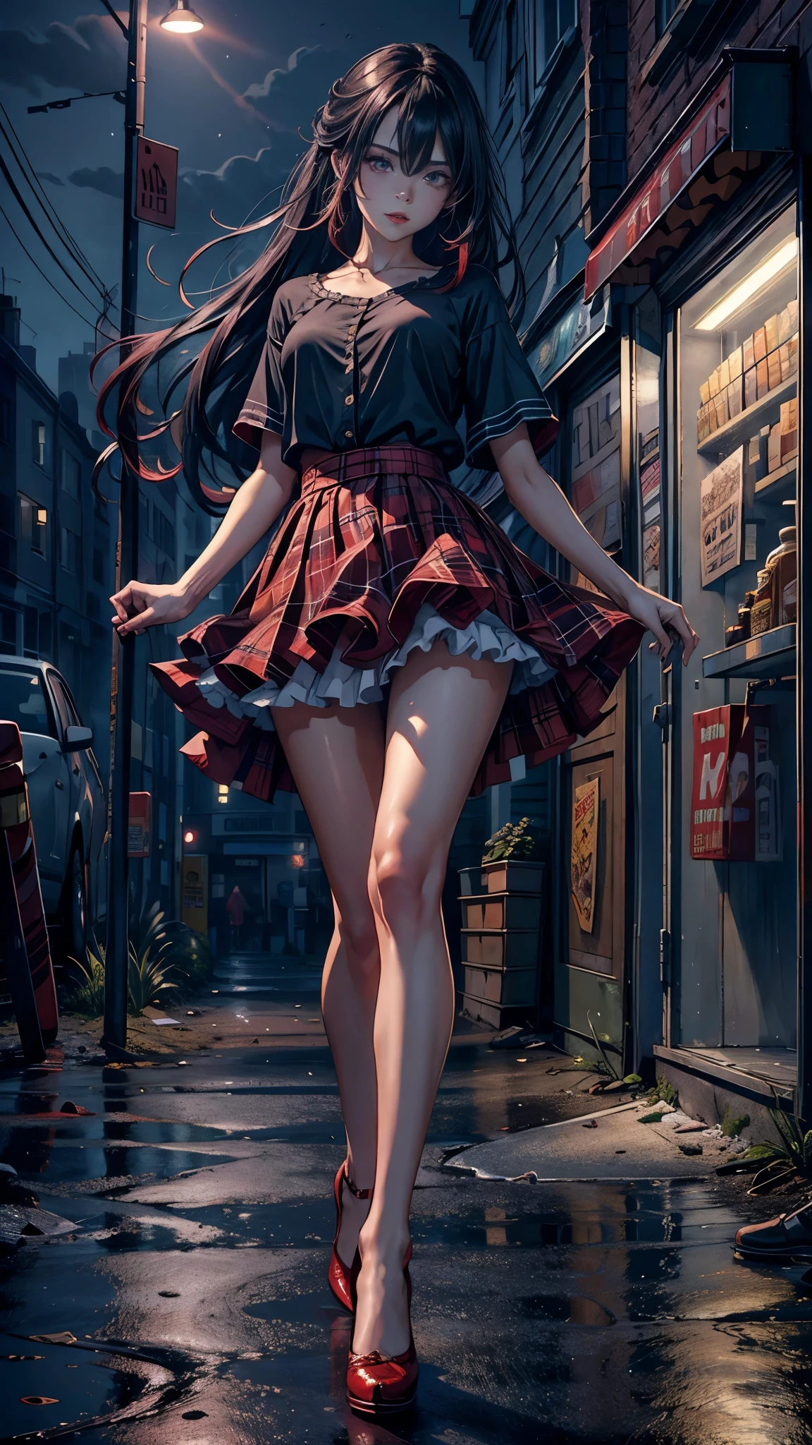 ((looking at the camera in:1.2)),(nearing perfection:1.4),dynamic,smooth private parts,Focus sharp,Lighting,Vibrant brushstrokes, bold colour,Be expressive, Emotional, offcial art,Unity8k wallpaper,ultra - detailed,Beautiful and beautiful,tmasterpiece,Best quality at best,1 girl,beautiful eyes,The content is very detailed,dynamic,(Ruffled skirt),(medium:1.3),Chaos in its most beautiful form,Elegant,designs,Vibrant colors,(Corner store,fleeing,the night,shoe),8k,