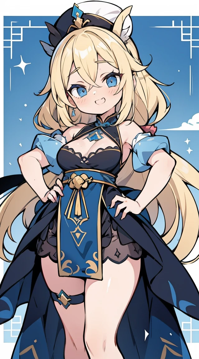 mulher adulta, longue blonde hair, the eyes are blue, orelhas e cauda de raposa, black chinese dress, sorria, batom azul, obra de arte, alta qualidade