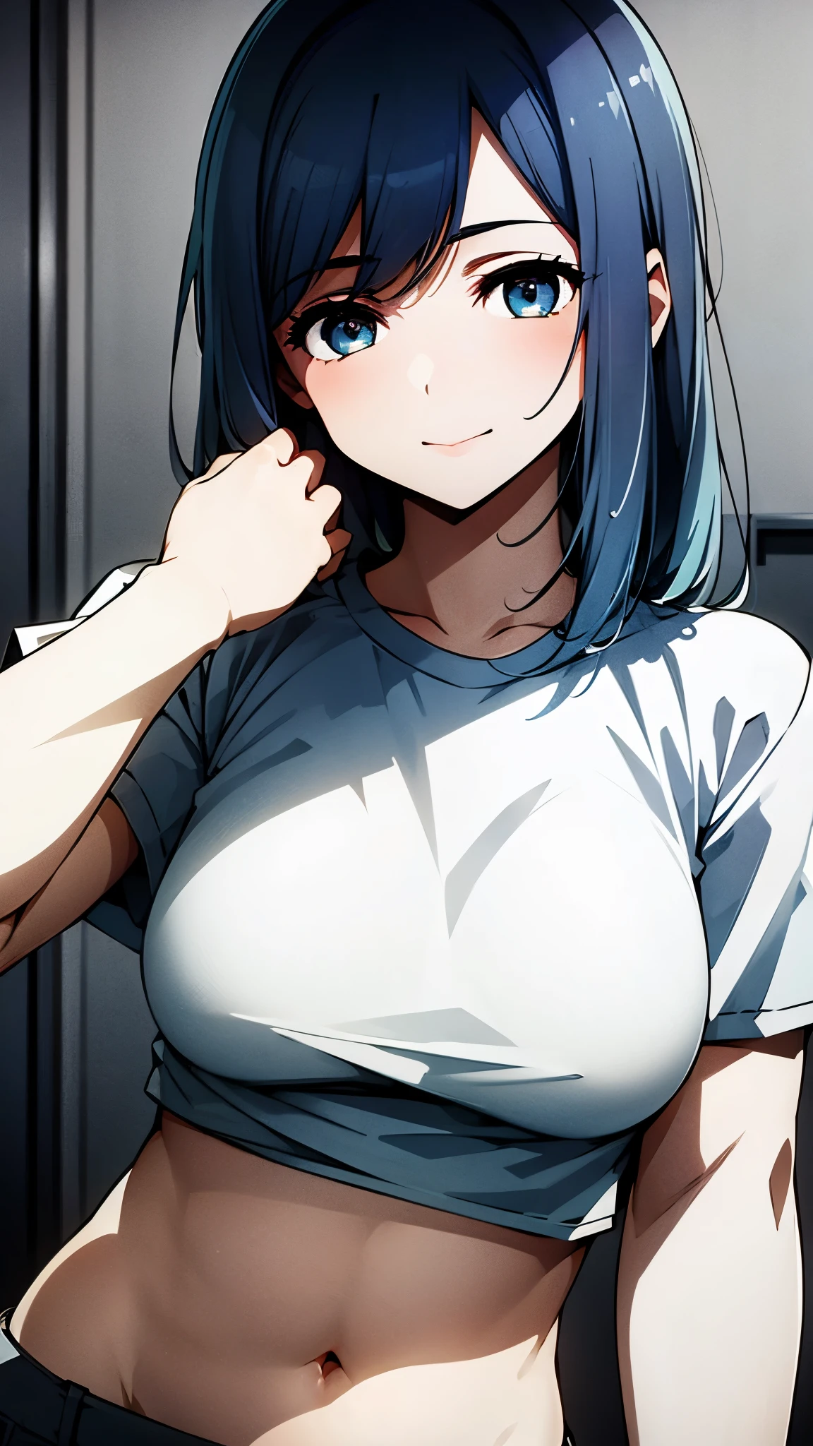 ultra-detailed, masterpiece, best quality, high resolution, female, flashing belly, showing a glimpse of navel a little, wearing a long t-shirt, lifting up shirt a little, from below, looking down on, teasing