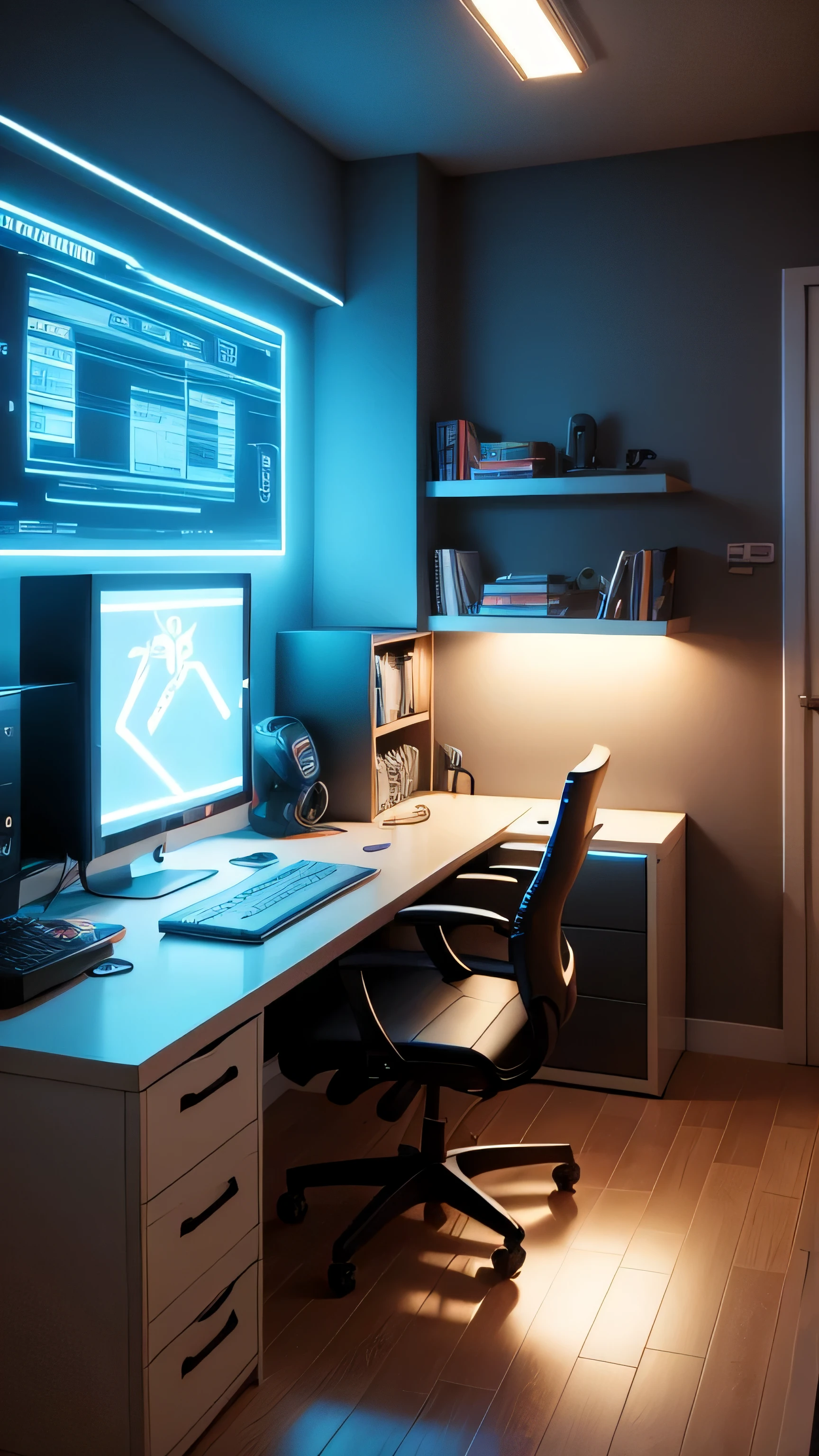 gamer-style men's bedroom design, computer, neon light, with LED lights, 8k
