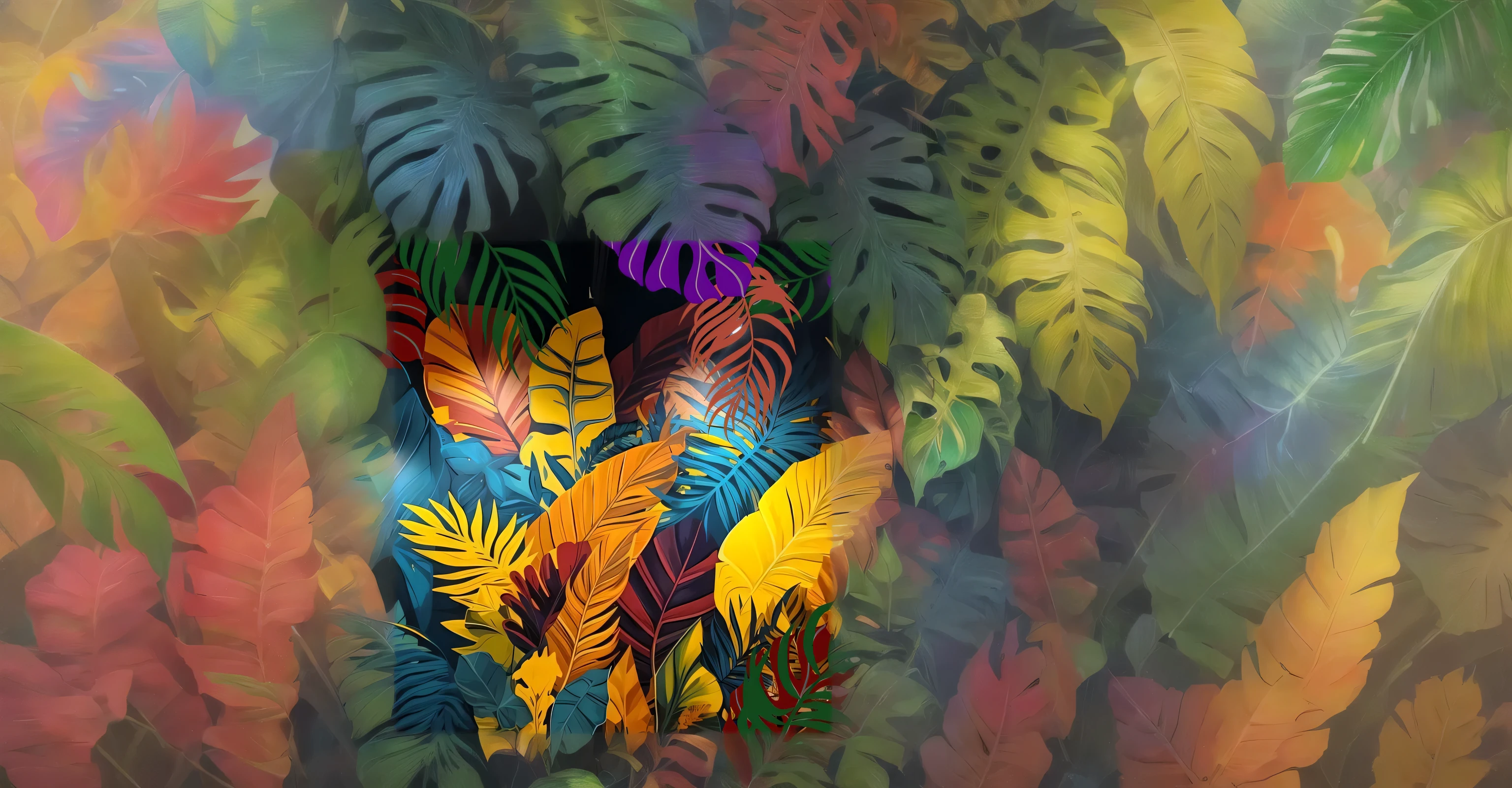 a colorful background with small tropical leaves, variety of leaves on a black background, palm leaf, fern, wiss cheese plant, lemon grass, coconut leaves, many leaves of a tropical forest, acrylic painting, complex colors, Brazilian plants intricate colors vibrant, colorful hd photo, strong and vibrant colors, beautiful colorful, detailed colors, details and vivid colors, colorful patterns, colorful digital painting, vibrant digital painting, vibrant colors, vibrant and rich colors, Colorful Leaves, colorful and vibrant, beautiful art uhd 4k, beautiful and colorful