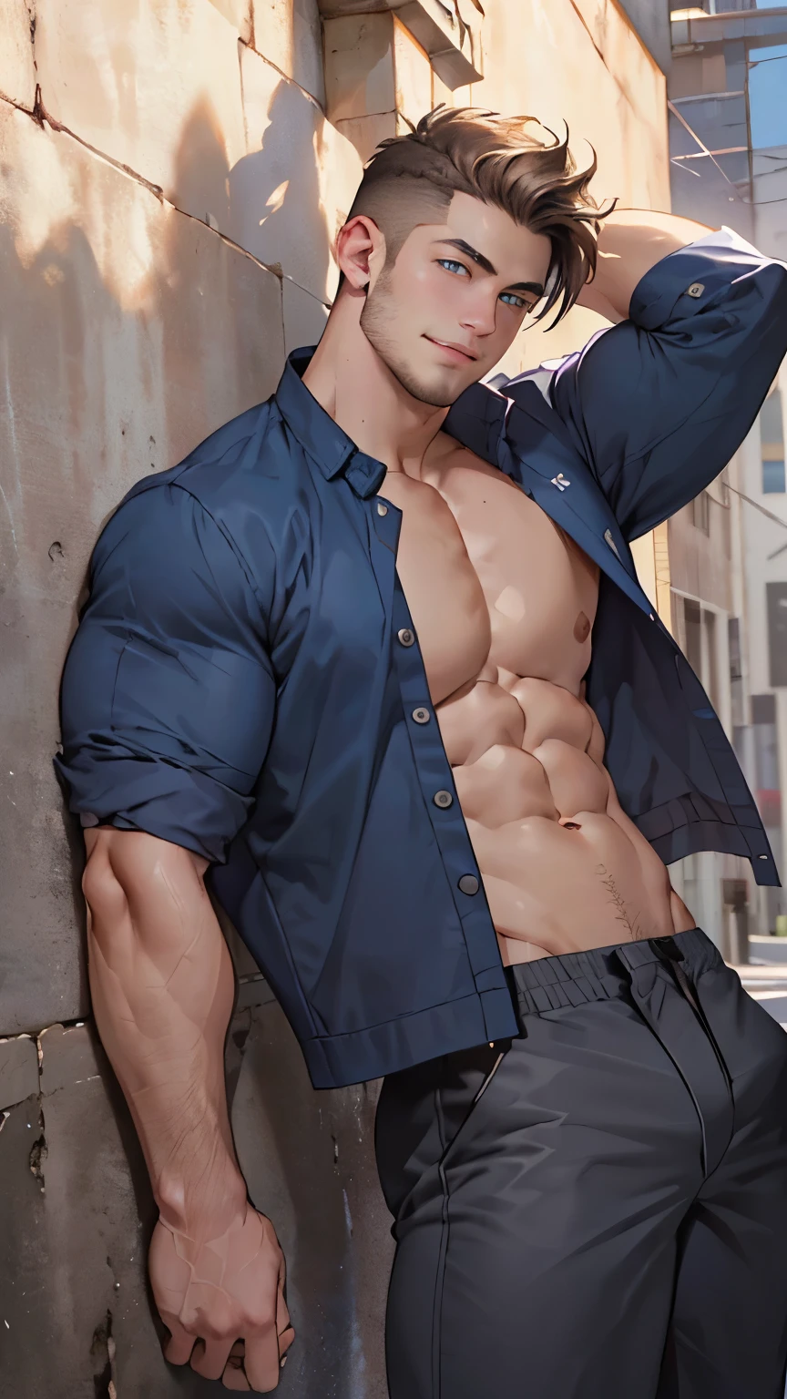 ((the best quality)), ((Masterpiece)), (details), perfect face, high definition, Masterpiece,4k,details clearly, Handsome face, white skin, perfect body, male body, strong muscles, abdomen, blue eyes, white skin, The most handsome man in the world, handsome, The coolest face, Male characters, close image (1man, shirtless), young man, mischievous smile, Extremely muscular tall man, open your eyes ((detailed eyes)), huge, muscular body and Massive, bulging pecs, muscular abs, narrow waist, short hair, blue eyes, delicate big eyes, carefree expression, clear face, handsome (detailed face, perfect face) ((extremely realistic shadows, bodybuilding posture, human, ((22-year-old young man)), V shape, athletic shorts, athletic, Shirtless, Sunlight, Street wall, lower pants, topless, close up look, CG sense, Textured skin, the best quality, Storytelling images, lower your pants, show Panty line, show your body, Sexy posing
