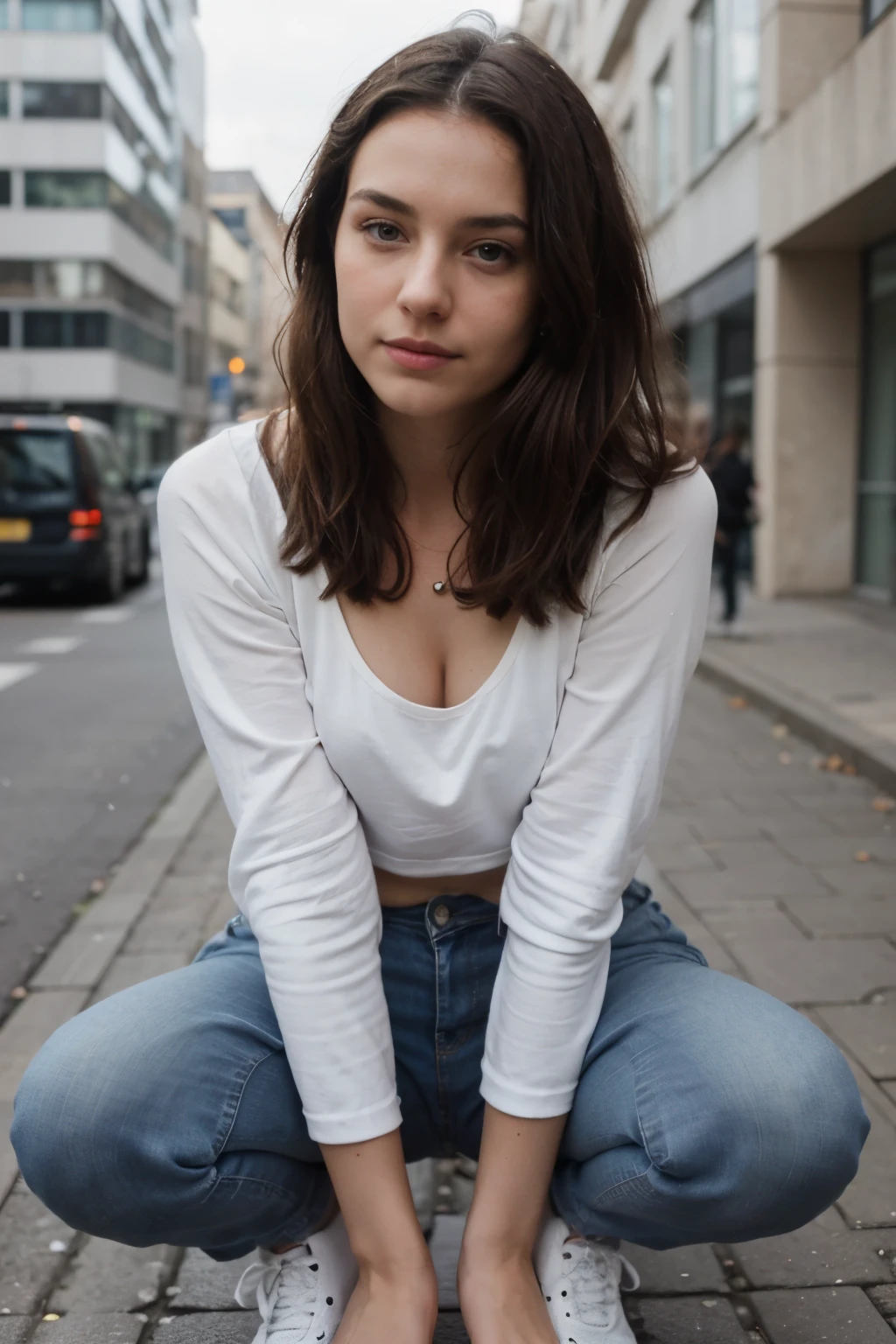 ((Best quality)), ((Meisterwerk)), (detailliert), perfektes Gesicht, European Young Woman, dunkle Haare, Spaziergang durch Berlin, whole body is visible, wears a pair of jeans, White shoes ,white top